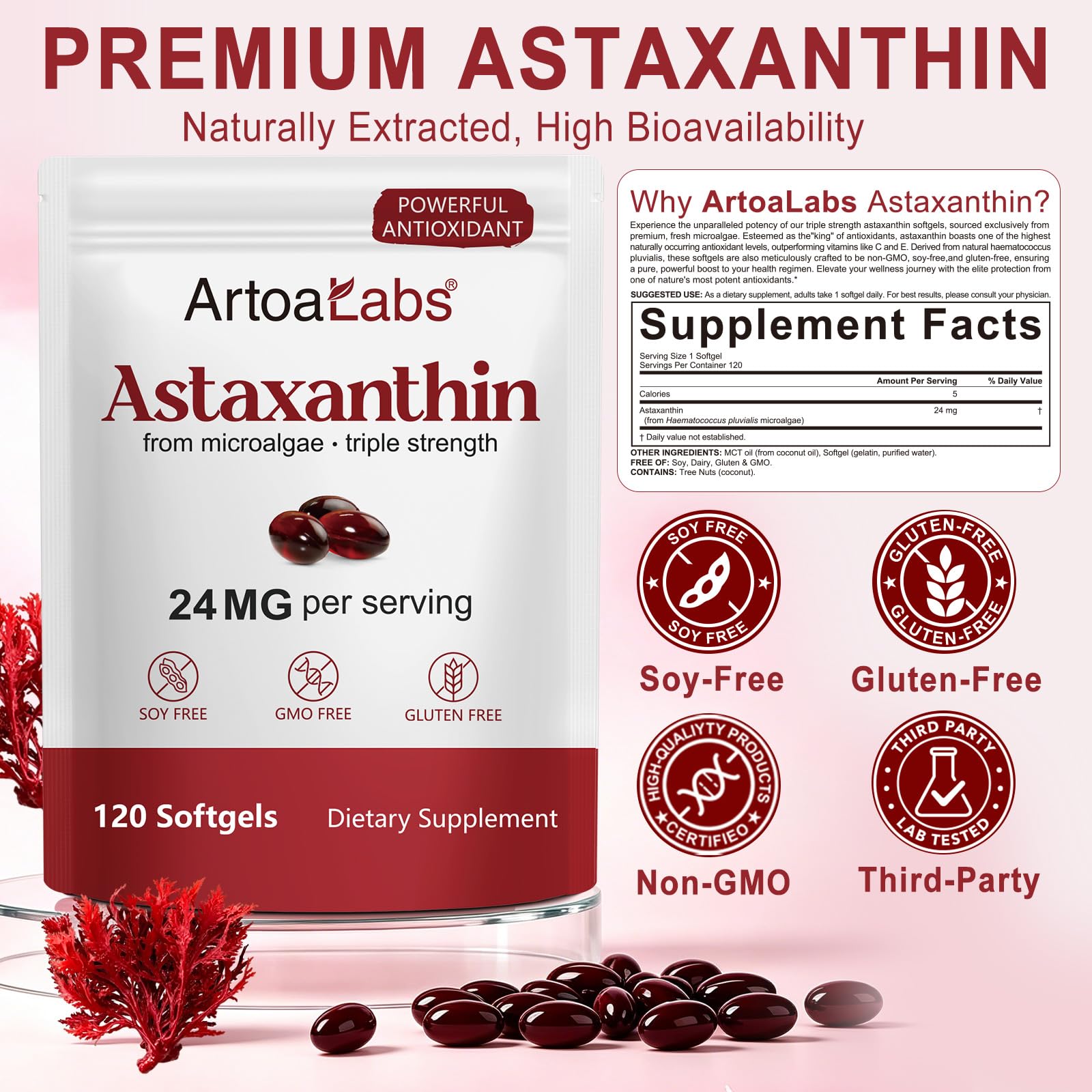 Astaxanthin 24 mg Per Serving with MCT Oil, Microalgae Source, 120 Softgels — Amazon image 6