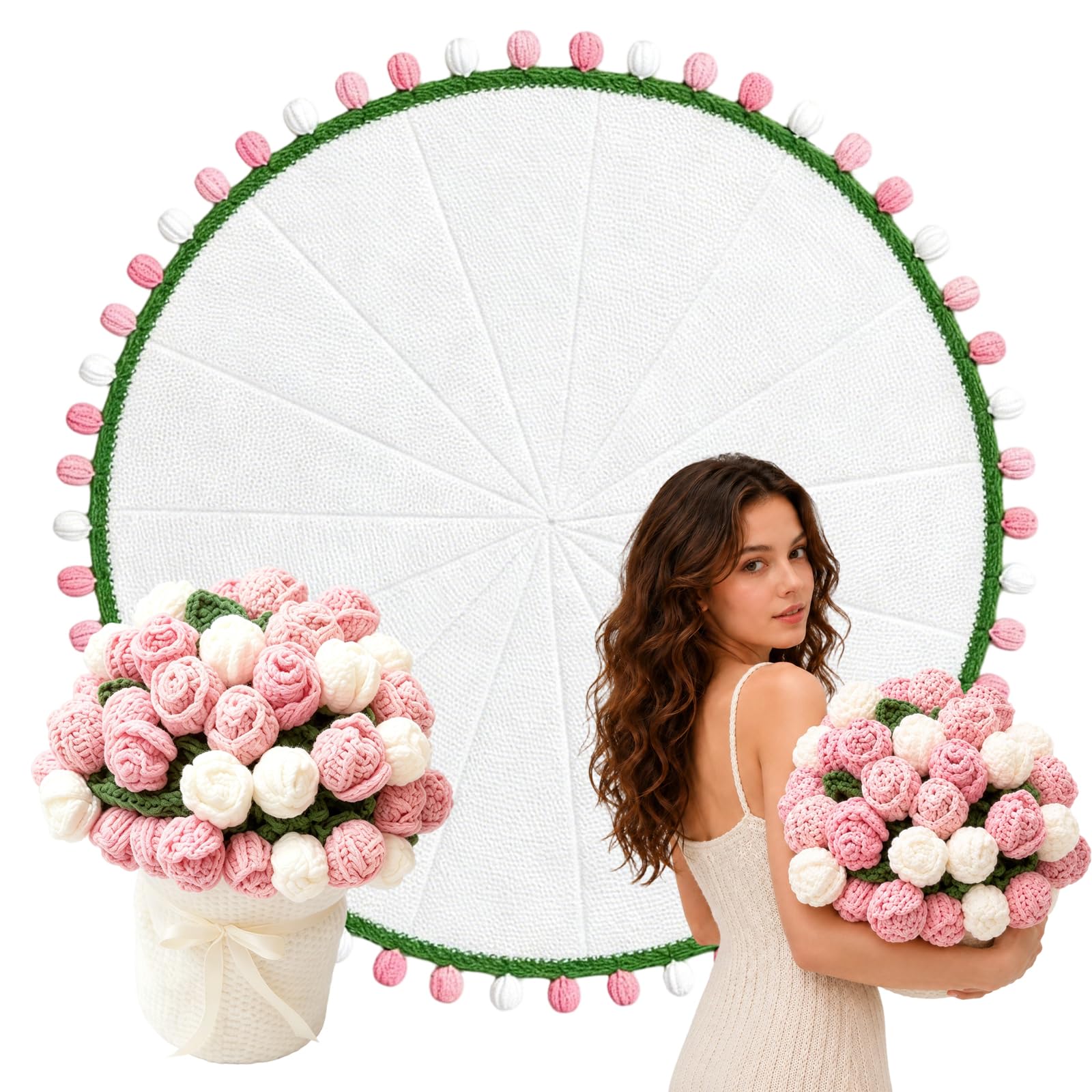 Crochet Flower Bouquet Throw Blanket, Handmade Knitted Blanket with Rose Flowers, Cute Romantic Gift for Her & Girlfriend & Mom Valentine Wedding Anniversary Birthday, Gradient Pink White (110cm)