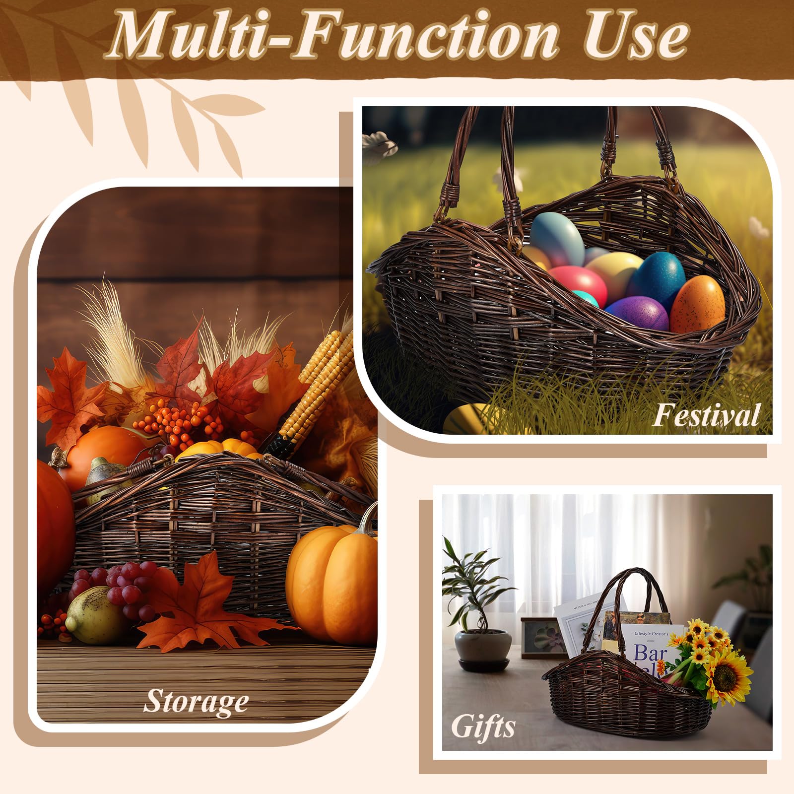 Juexica Weidenkorb mit Griff, 2 Größen, handgewebt, Erntekorb, antiker Sammelkorb für Ostern, Garten, Picknick, Blumen, Obst, Aufbewahrung, Organisation, Geschenk, Dunkelbraun, 2 Stück