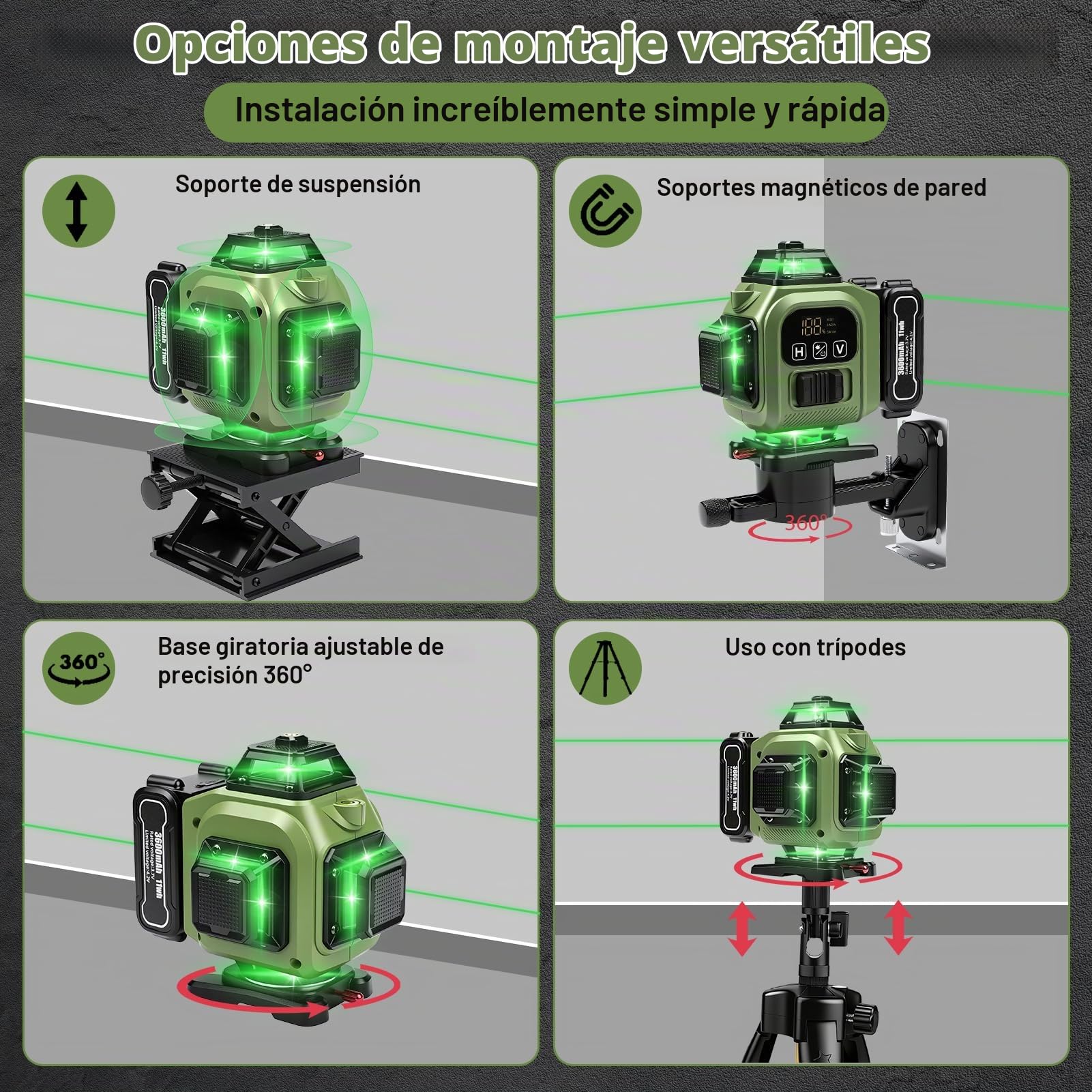 Nivel Laser Autonivelante, 4D 16 Líneas Nivel Laser Verde Con TríPode, Digital Niveles LáSer Con 3 x 3600 Mah BateríA 2 x 360 Horizontal Y 2 x 360 Verticales, Control Remoto/App, Montaje En Pared