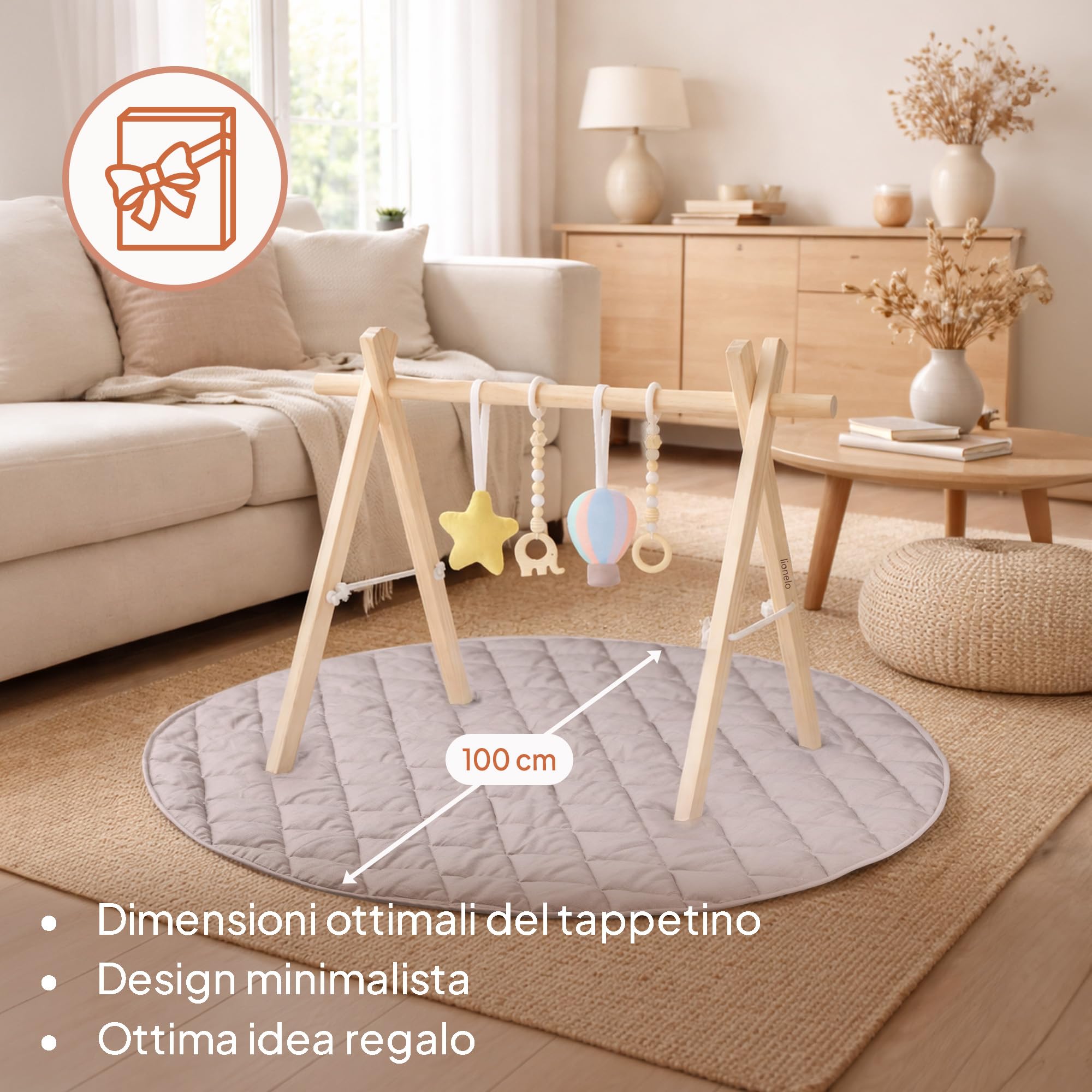 Lionelo ANIS SET Palestrina Neonato Baby Gym con Centro di Attività in legno, Giochi Sensoriali Rimovibili, tappetino Antiscivolo, Metodo 101 cm | Giochi Sensoriali Rimovibili, Tappetino Antiscivolo e Ampia Superficie da 101 cm