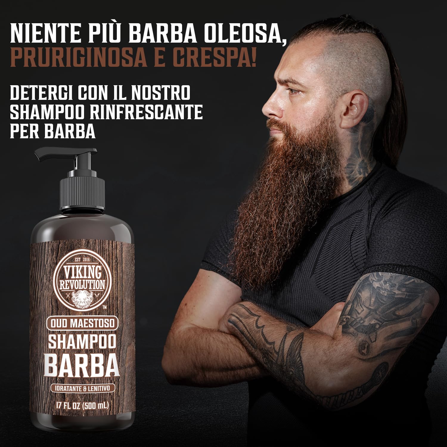 Viking Revolution - Shampoo Barba Uomo - Include Balsamo con Oli di Argan e Jojoba - Ammorbidisce, Lenisce e Rinforza la Barba - Oud Maestoso - 2x500 ml