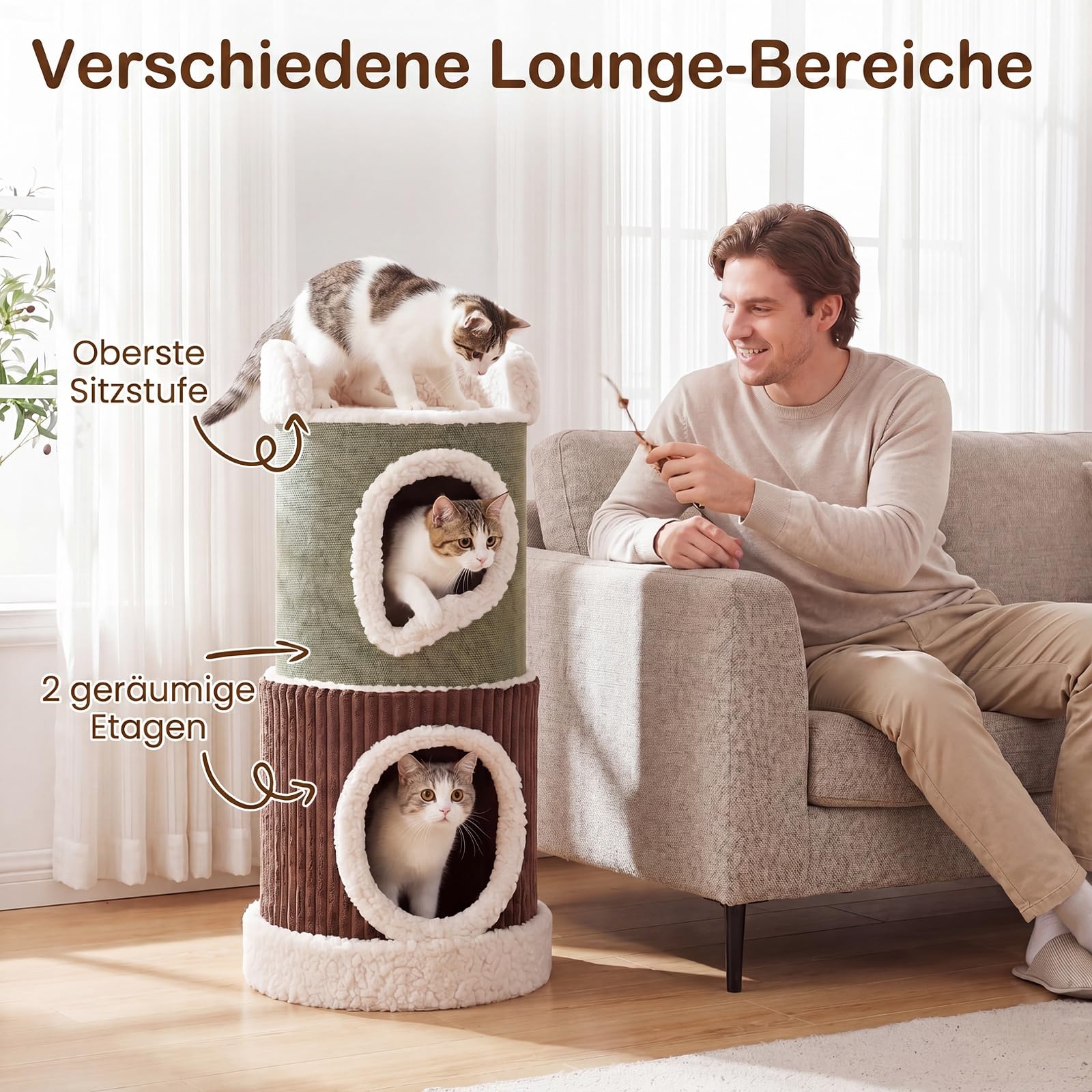 COSTWAY Kratztonne, Ø 41 cm, 85 cm hoch, Katzentonne mit 2 Katzenhöhlen, waschbarem Kissen & Liegefläche, Kratzbaum für kleine und mittelgroße Katzen bis 10 kg, Grün + Braun