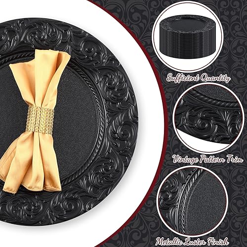 Miniatura 3 de Zhehao 50 unidades de platos antiguos a granel de 13 pulgadas con borde en relieve de plástico, platos redondos decorativos para cenas, bodas,