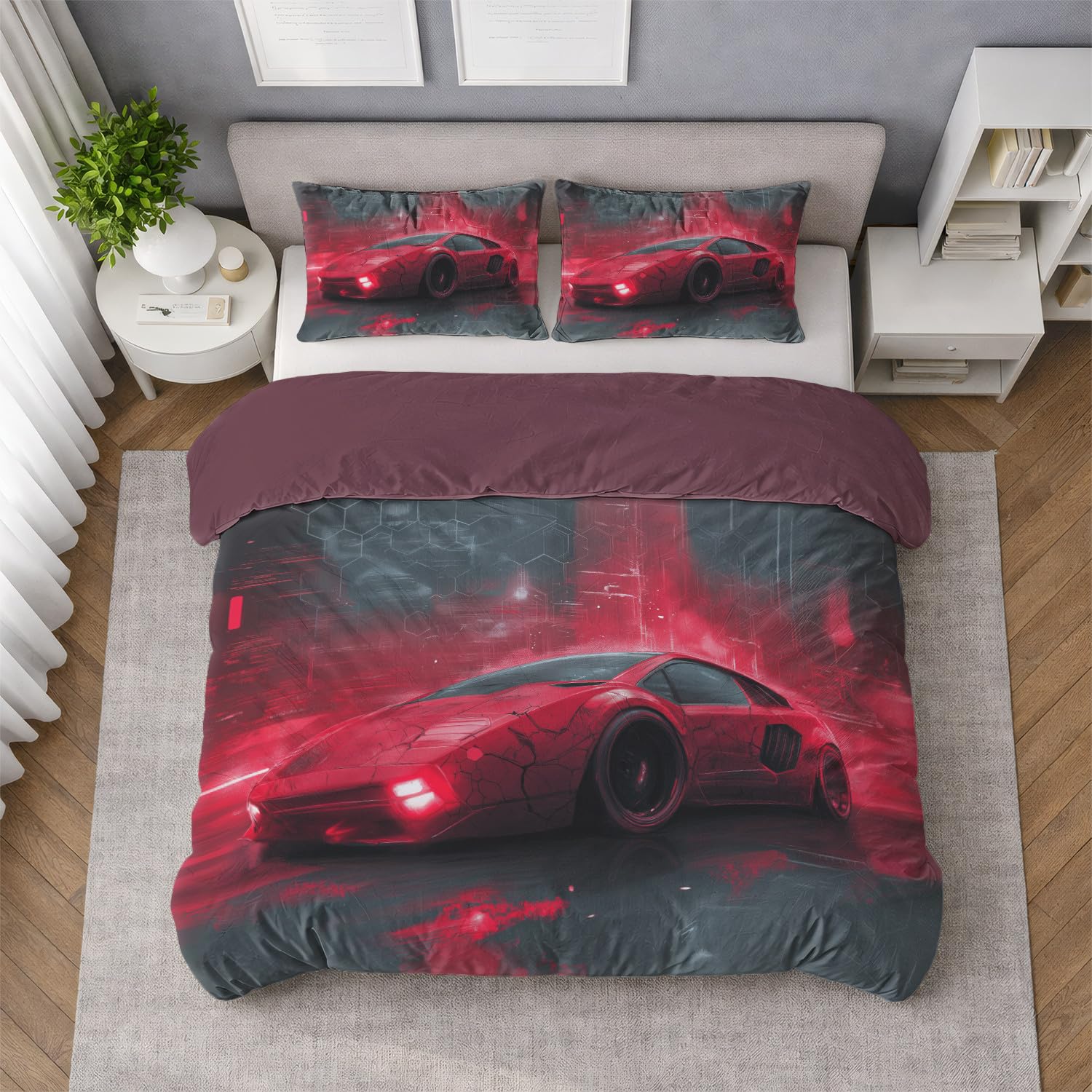 Nowoczesna pościel 180 x 200 cm, samochód sportowy, cyber, naładowana energią, zestaw pościeli, wytrzymała, miękka i nie wymaga prasowania, z mikrofibry, dwustronna, z 2 poszewkami na poduszki, do