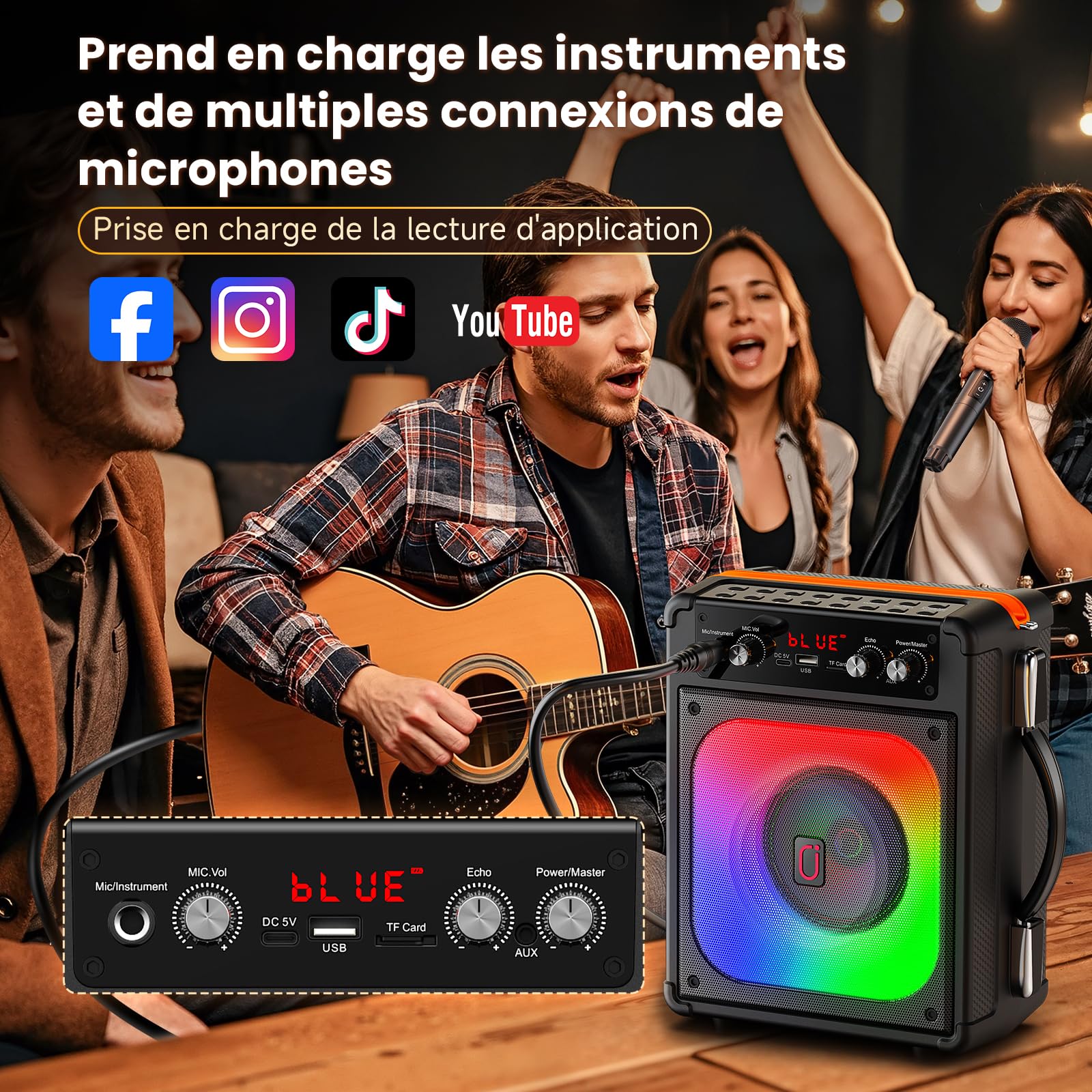 HWWR Enceinte Karaoke 2 Micro sans Fil, 60W Haut-Parleur Karaoke Complet avec Lumières de fête, Karaoke Adulte et Enfants, Portable Système Karaoké Support TWS/AUX/FM/USB/TF Carte