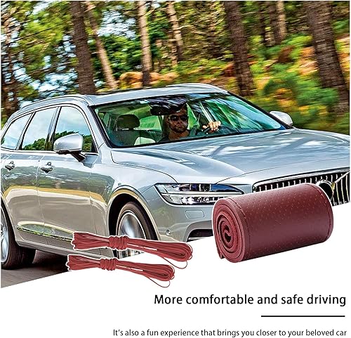 Miniatura 6 de Kewucn Funda de cuero genuino para volante, protector universal de 15 pulgadas para volante de automóvil con hilo de aguja, funda antideslizante