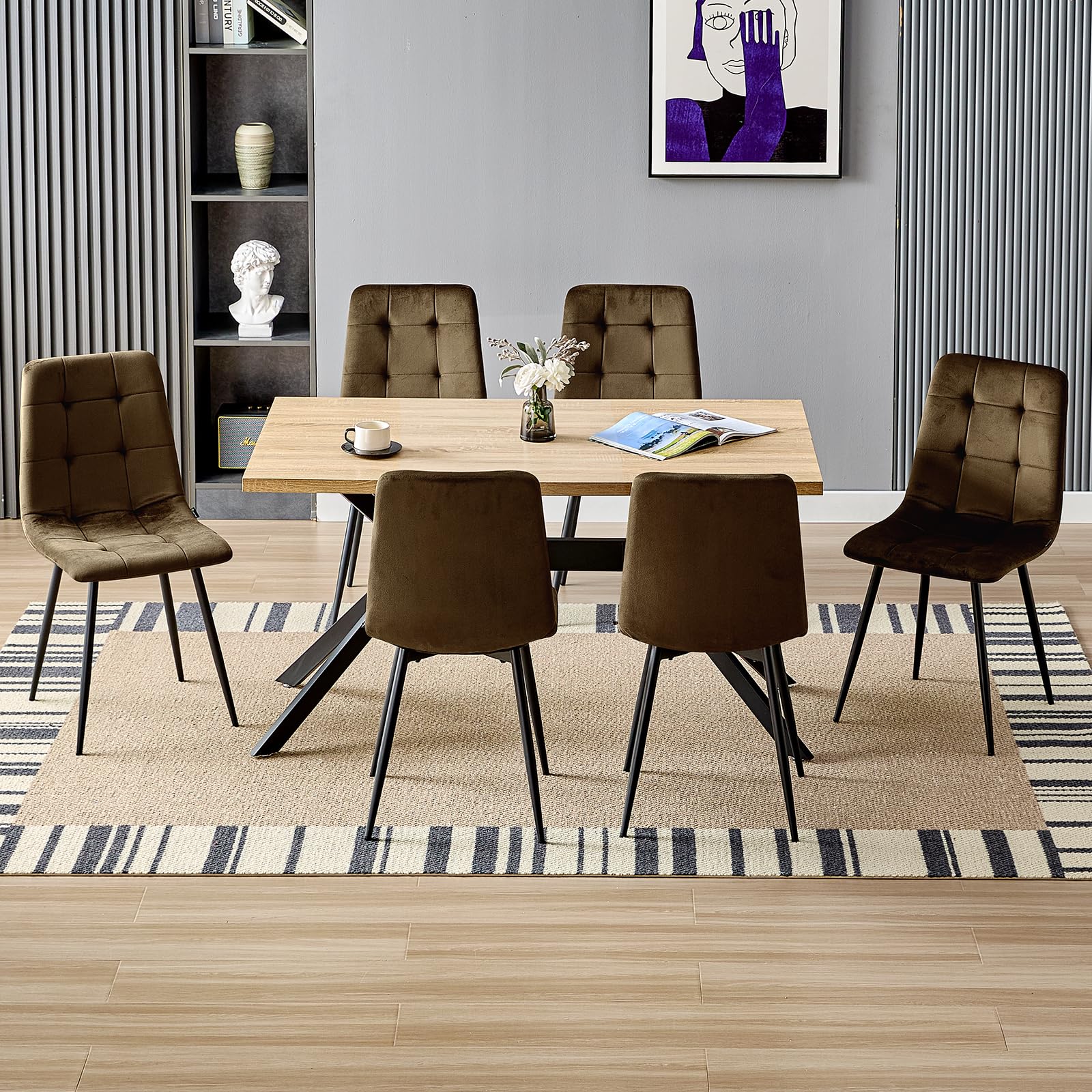 JIJIAN Set di 6 Sedie da Sala da Pranzo, Sedie da Cucina con Tessuto di Velluto e Gambe in Metallo Nero, Sedia Imbottita con Capacità di Carico di 120 kg, Marrone