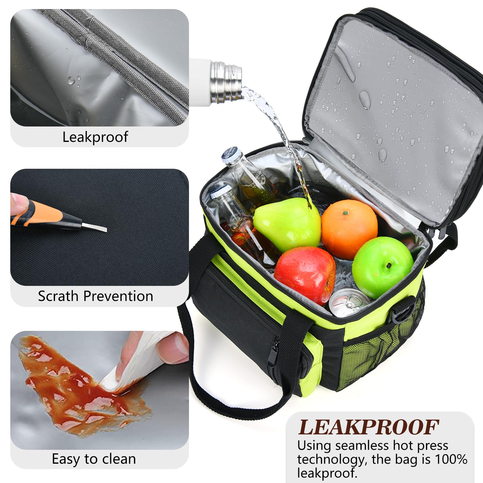 LOKASS Borsa termica per il pranzo da donna/uomo, 16L, espandibile, a doppio strato, a tenuta stagna, con tracolla regolabile, ideale per lavoro/viaggi/picnic (verde fluo)