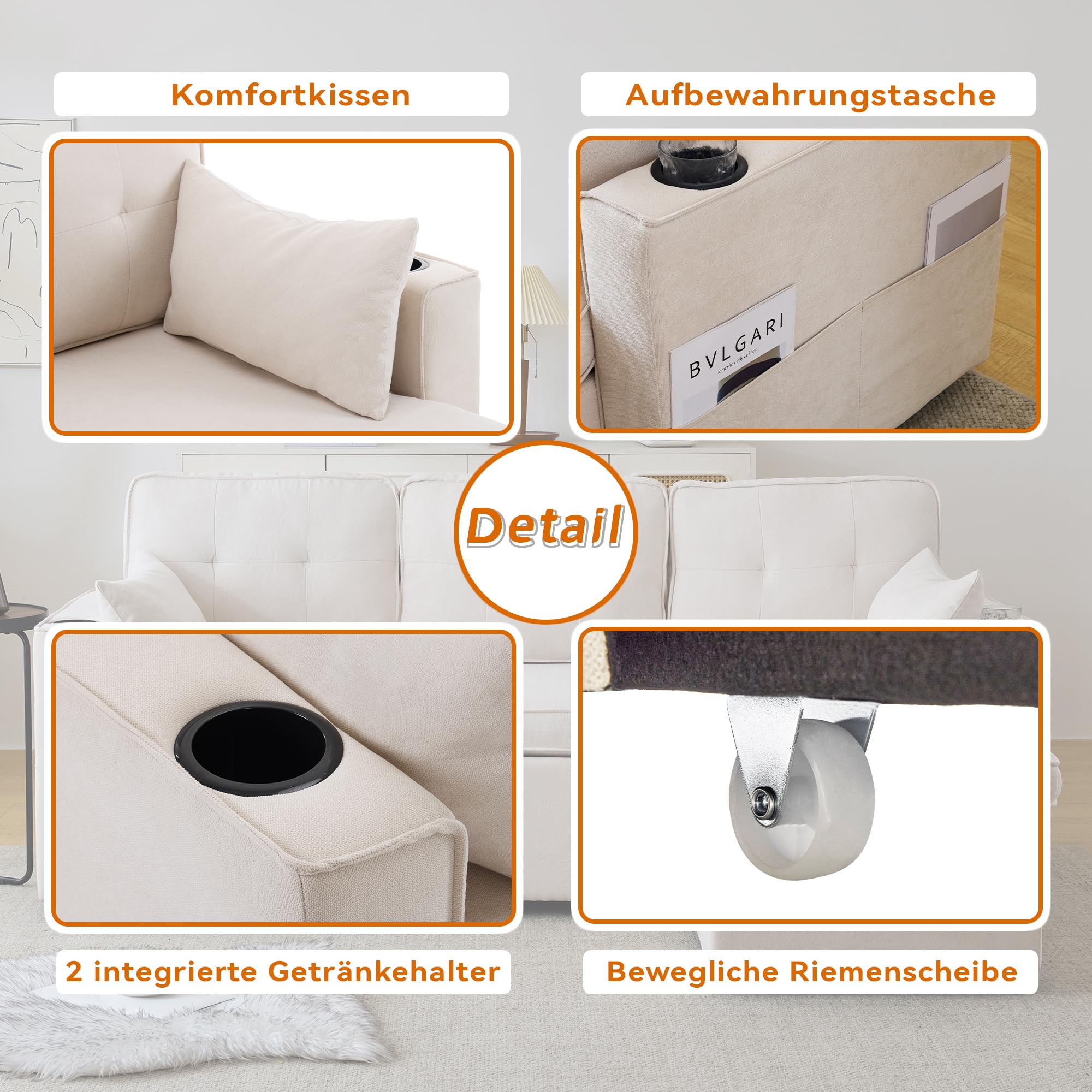 Sofá y cama en forma de L, sofá-cama con función de dormir, 3 plazas, diseño moderno, muebles tapizados, con espacio de almacenamiento y soporte para bebidas