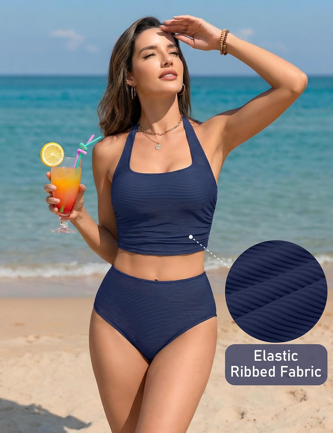 BMJL Womens High Waisted Bikini Sets Halter Two Piece Swimsuits Sporty Ribbed Tummy Control Bathing Suit - Image 5