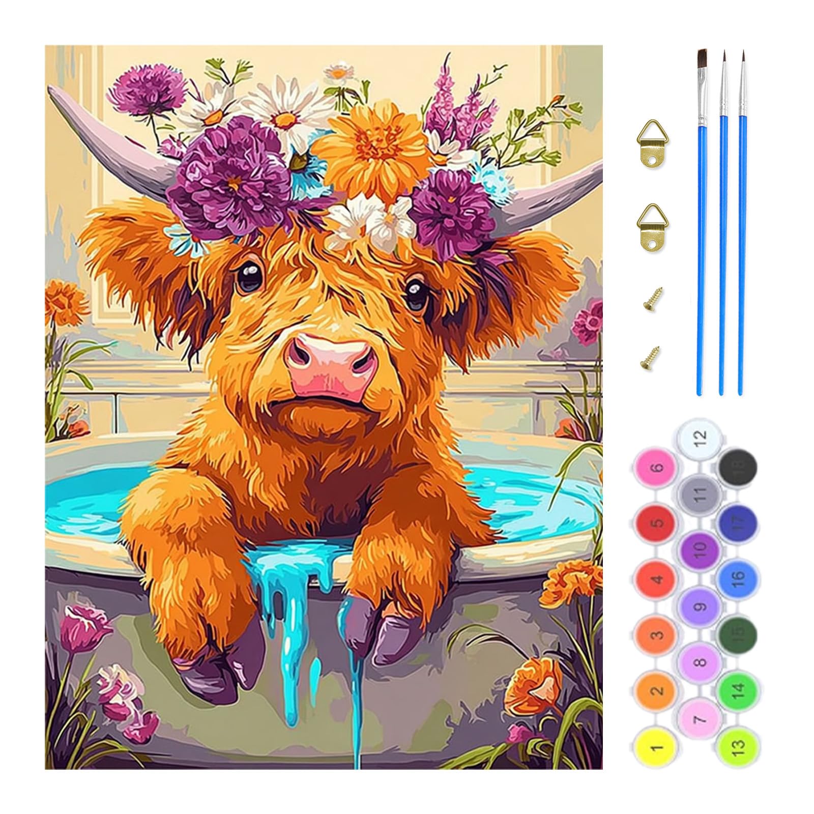 TOSTOG Paint by Numbers for Adults Oil Painting Kits for Adults Highland Cattle Painting by Number Kits for Beginners Bathtub for Home Decor(11.8×15.7inch)