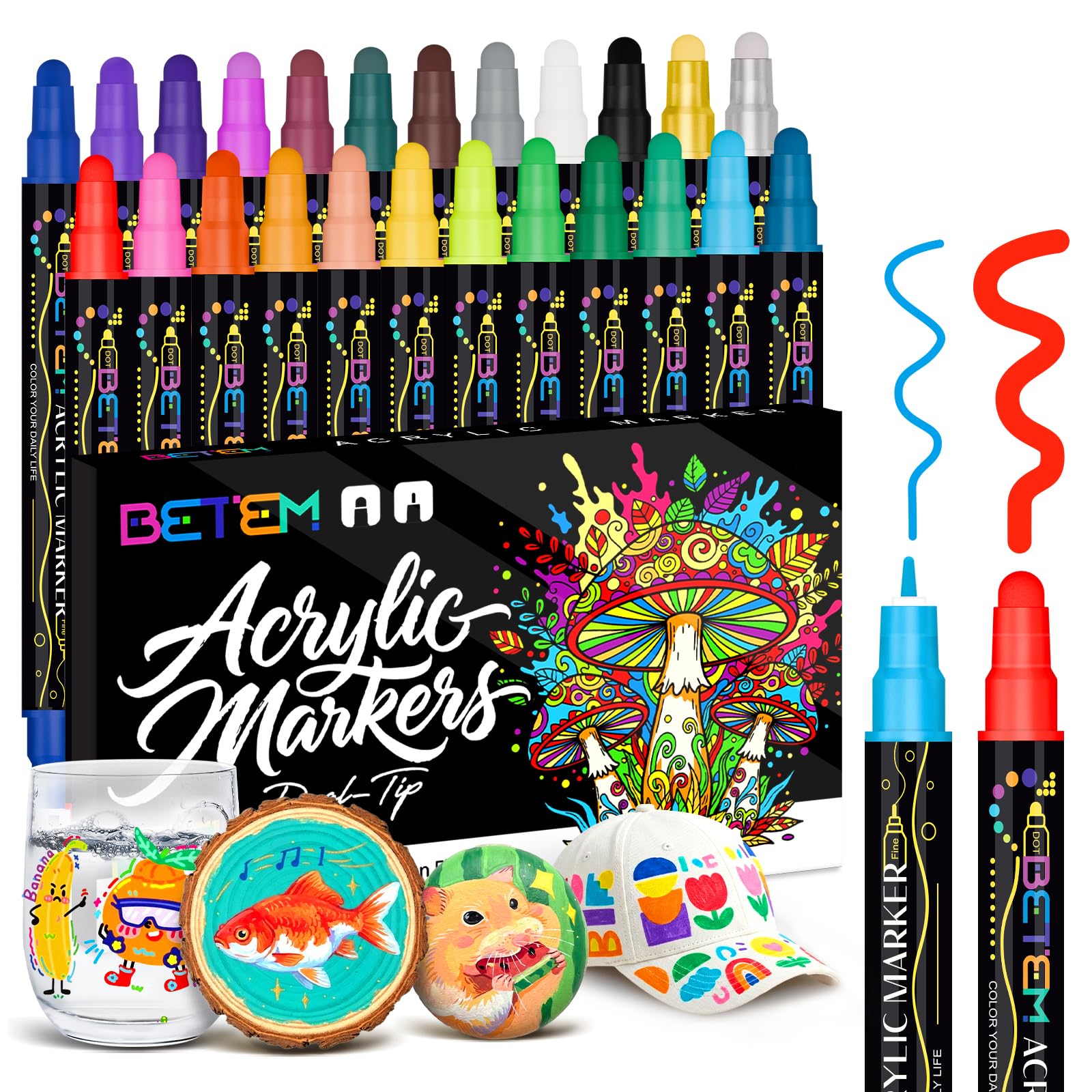 Betem 24 Colores Rotuladores Acrilicos Doble Punta, Marcadores Acrílicos para Pintar Piedras, Tela, Madera, Lienzo, Cerámica, Graffiti, Vidrio, Rotuladores Lettering para Artesanías