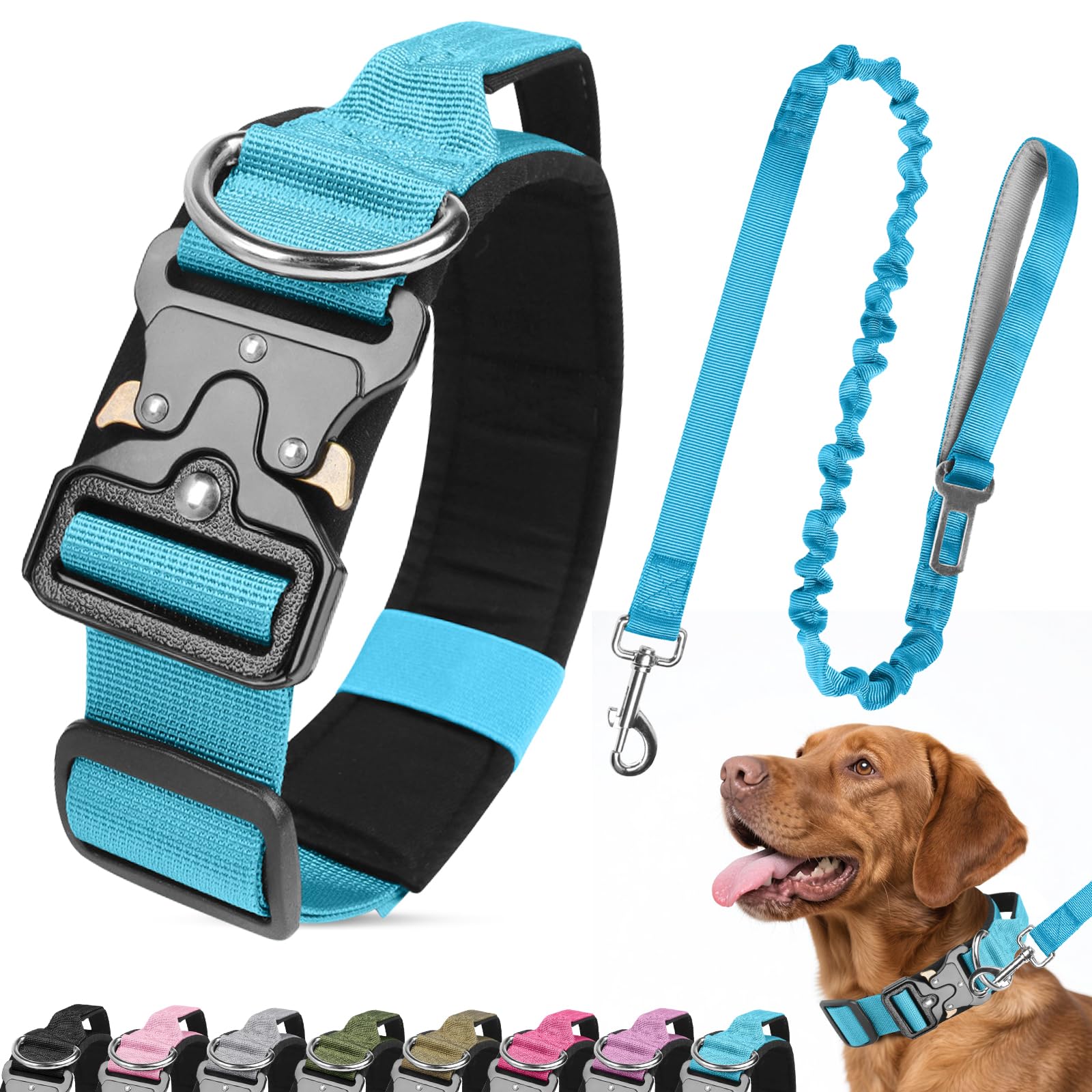 Ledeak Tactical Dog Collar and Leash Set, Heavy Duty Padded Dog Collar with Metal Buckle, Military Adjustable Nylon Pet Collars with Handle for Medium Large Dogs Training (Blue, XL)
