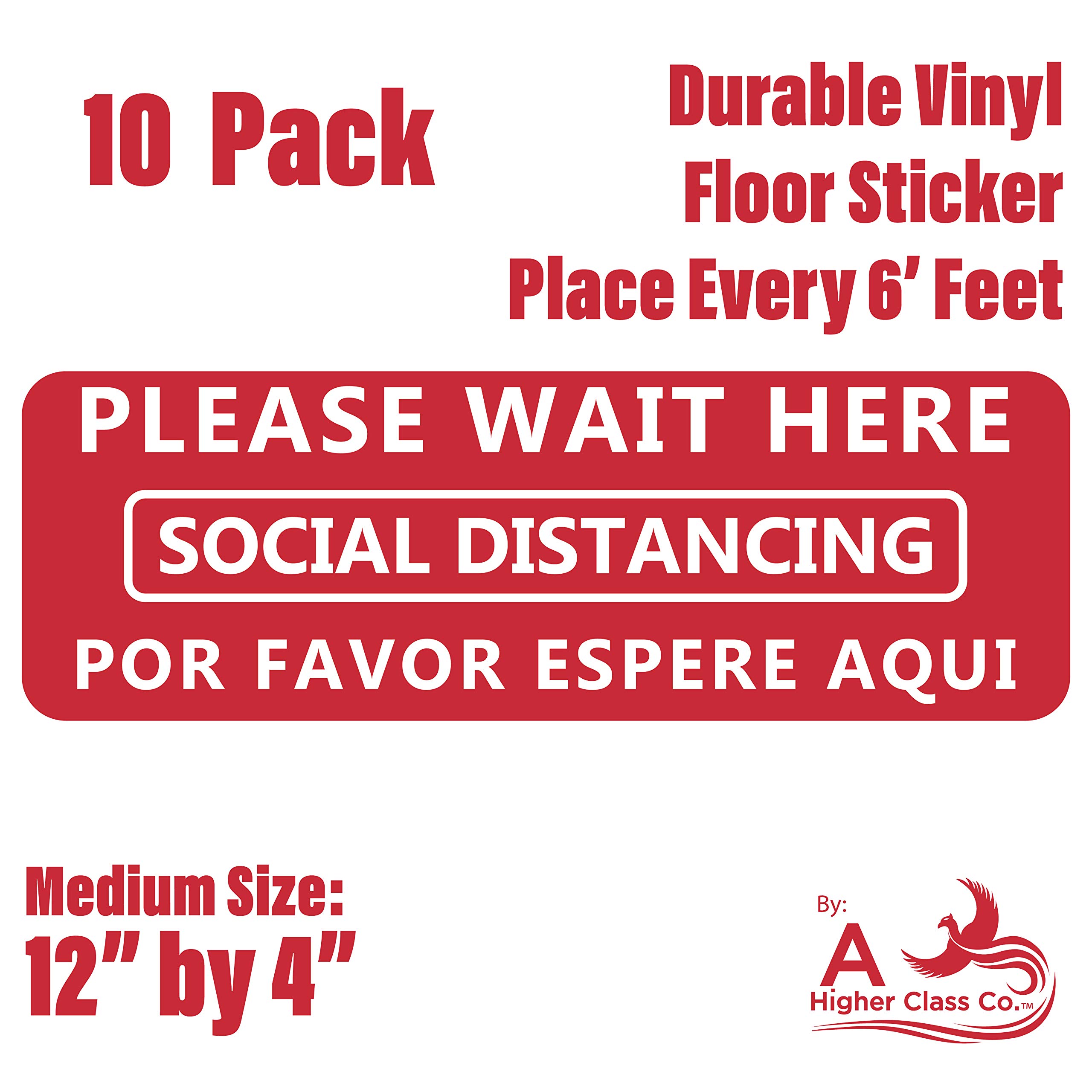 10 Pack - Please Wait Here Social Distancing Floor Stickers – English & Spanish - Durable Vinyl Decals for Hospitals Shopping Aisles Grocery Lines and State and Federal Buildings(12” x 4")