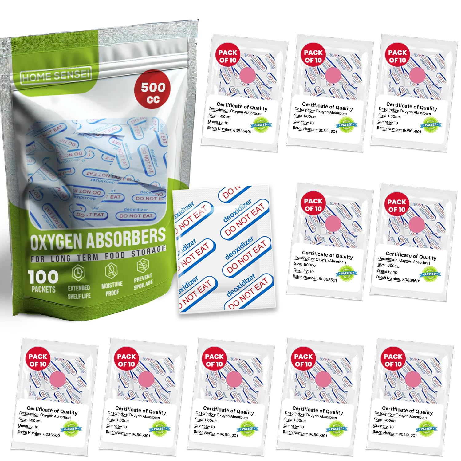 500cc Oxygen Absorbers for Food Storage 100 Pack - Sealed Packs of 10 for Freshness - Ideal for Mylar Bags, Mason Jars, and Freeze Dried Foods. Moisture Proof, Prevents Spoilage, Extends Shelf Life