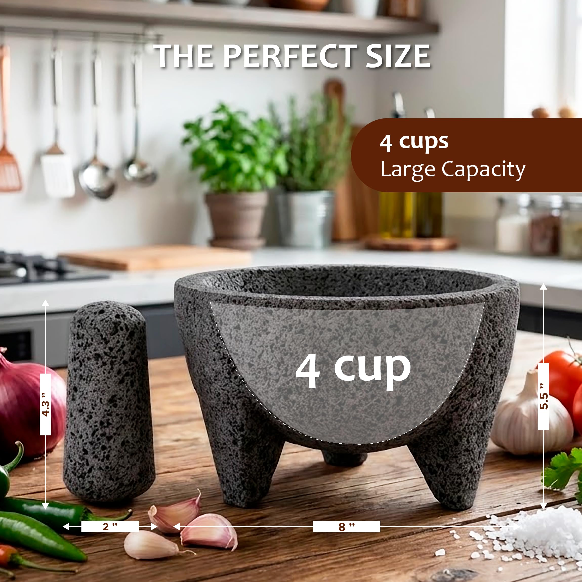 Molcajete mexicano de 8 pulgadas, hecho a mano con piedra volcánica natural, utensilio de cocina artesanal para moler con poros para triturar, especialmente diseñado para moler especias, salsas y