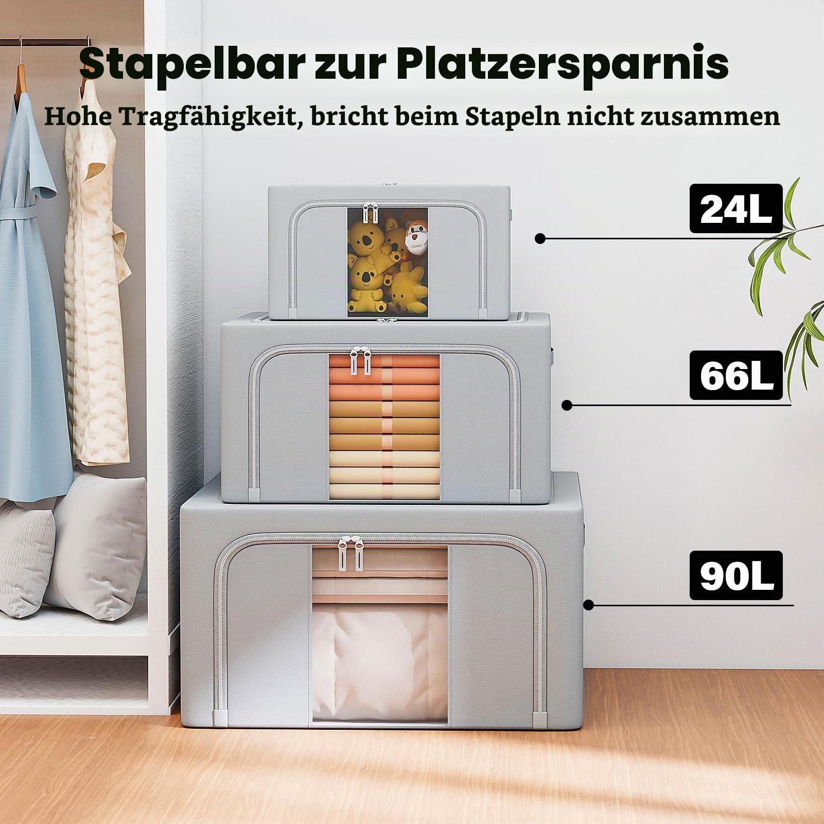 GoMaihe 66L Kleidung Aufbewahrungsbox mit Metallrahmen 3 Stück Grau | Faltbare Aufbewahrungstaschen für Kleidung, Bettwäsche und Bettdecken, stapelbar mit Reißverschluss und Sichtfenster