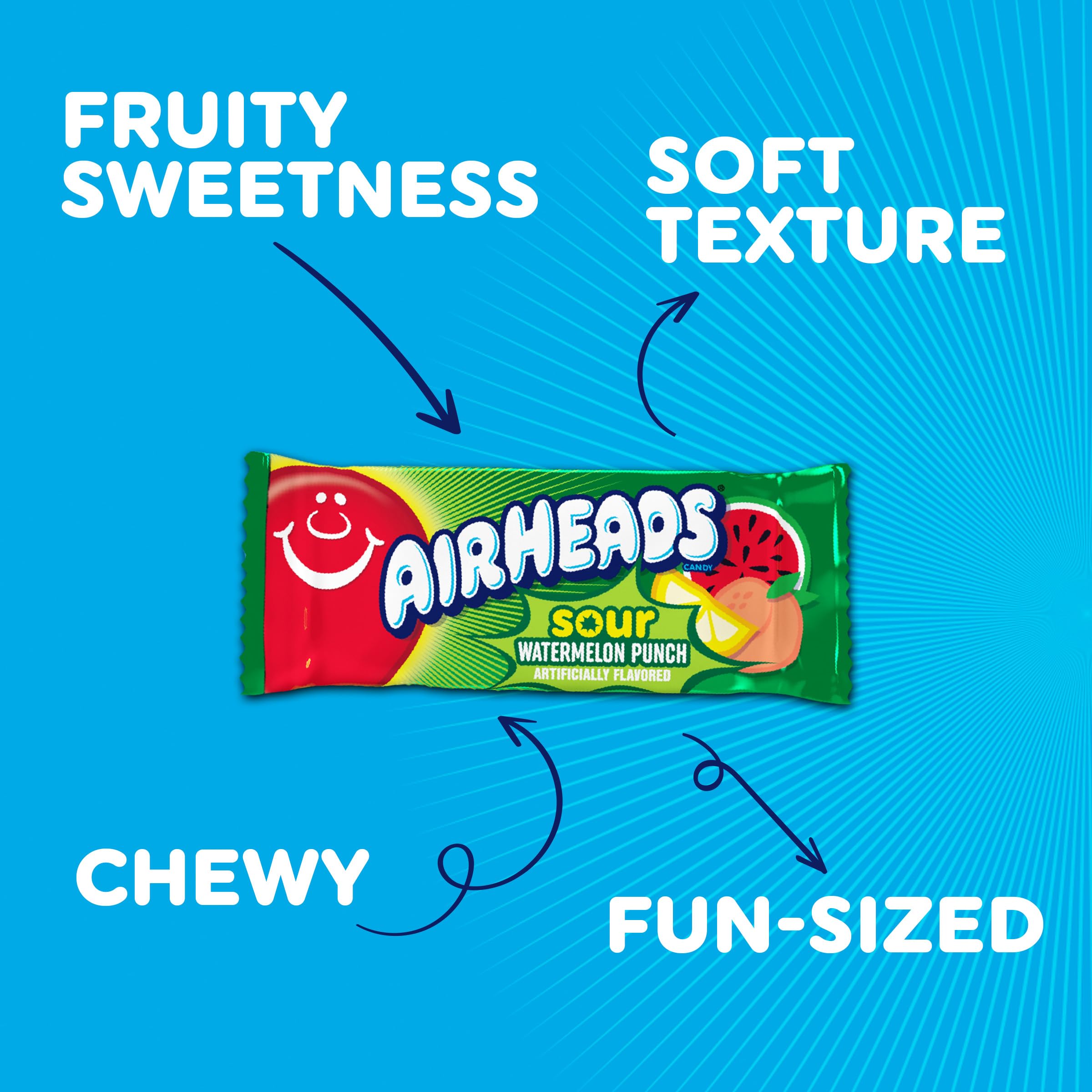 Airheads Mini SOURS - Barras de caramelo, ponche de sandía agria, explosión azul y baya de limón exprimible, bolsa variada de 12 onzas