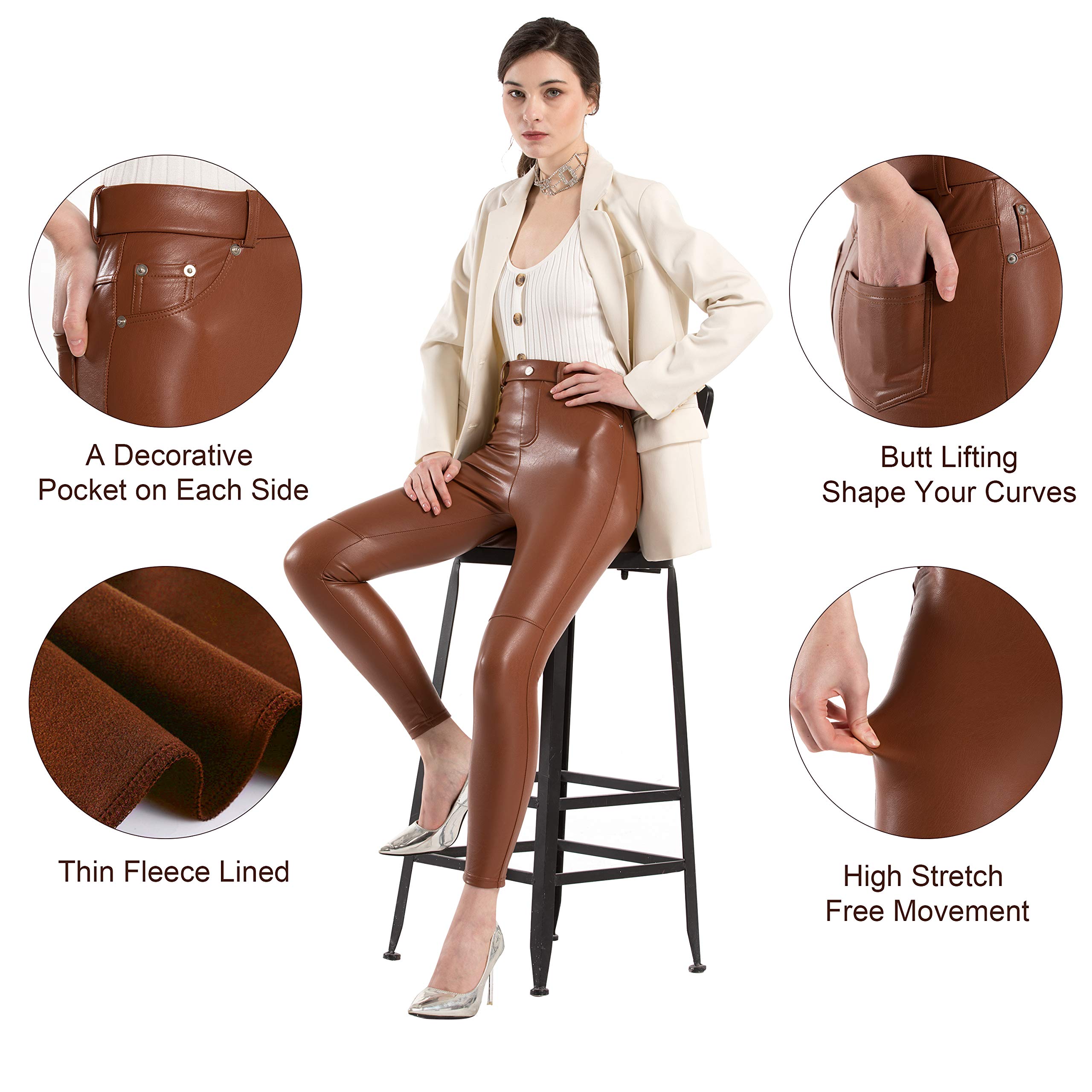Tagoo Faux Leather Leggings for Women High Waisted Pleather Pants Stretch Tights with Pockets