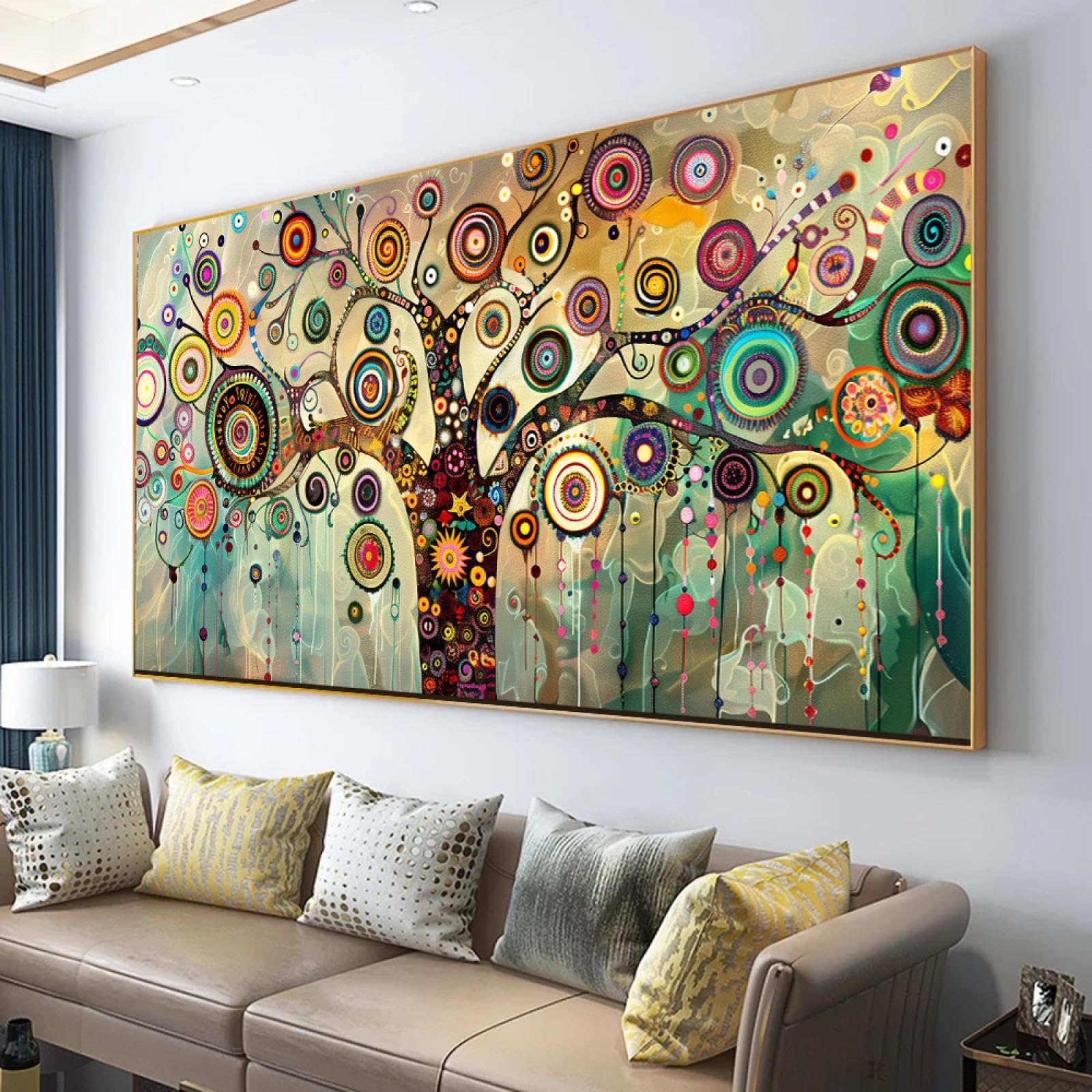 LSYALUCK Wall Art Abstract Canvas Painting Green Fantasy Colorful Wall Decor Modern Artwork for Living Room Bedroom Room Home Decor 40x87cm(16x34in) With gold frame