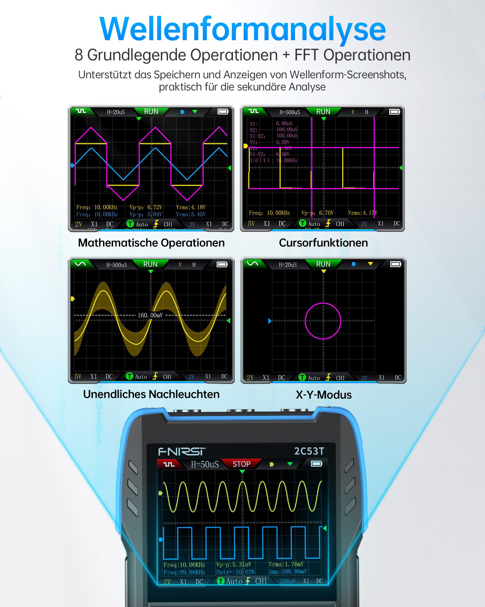 FNIRSI 2C53T Osciloscopio Portátil Digital 3 en 1 50MHz 250MS/s Multímetro Generador de Señales DDS