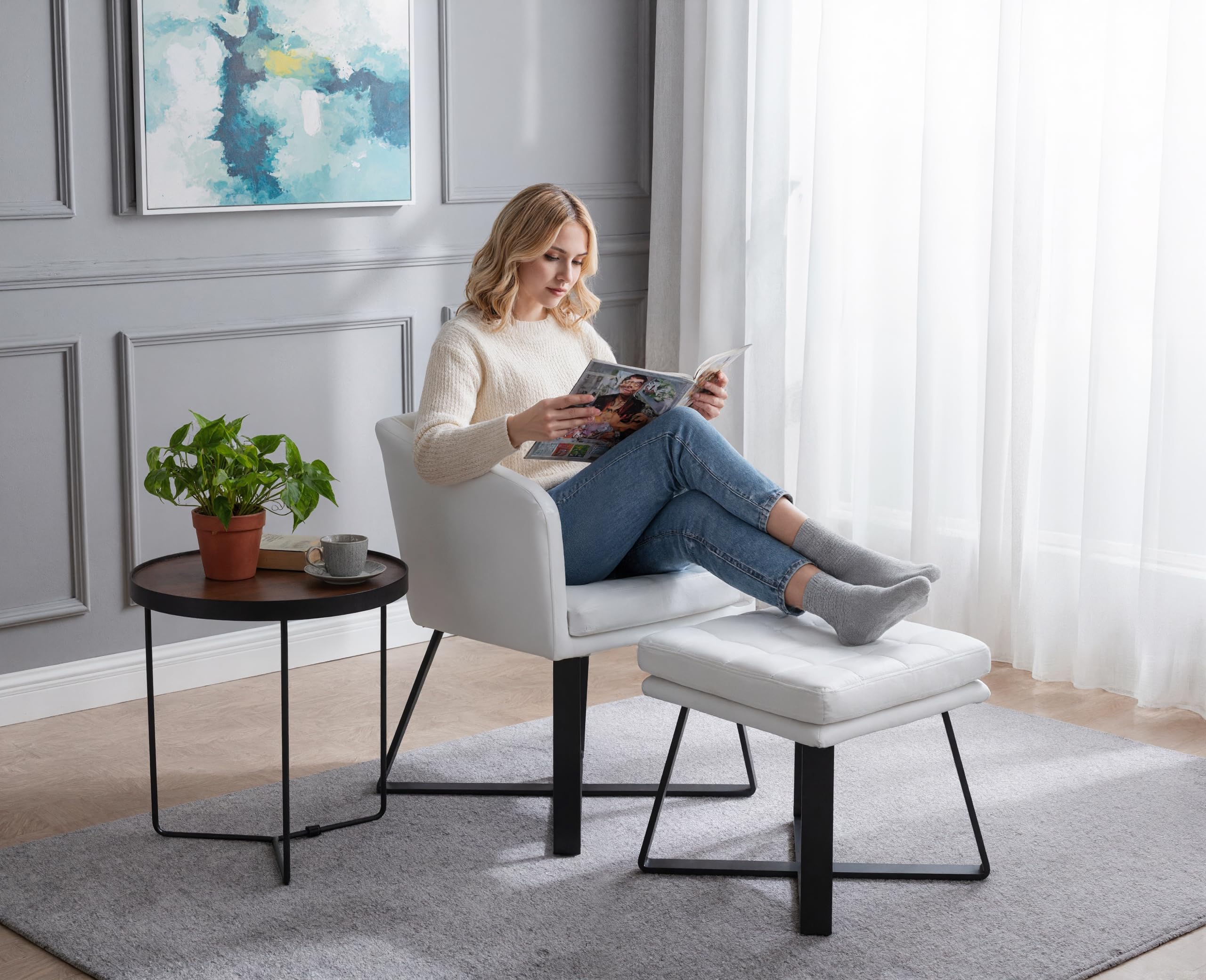 Ya-Home Set Poltrona Imbottita in Velluto con Pouf Poggiapiedi Poltrona Salotto Sedia da Salotto Poltroncina con Braccioli per Camera da Letto/Soggiorno, Beige