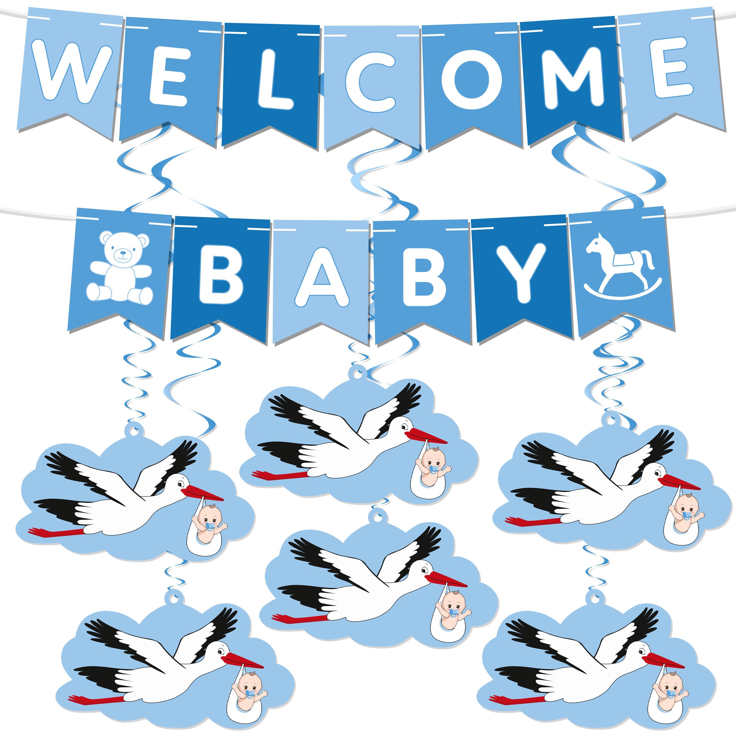 BRUBAKER Welcome Baby Garland for Boys and Girls - Pennant Banner with Stork Pendants and Decorative Swirl Spirals - Welcome Decoration Set for Home, Baby Party and Baby Room Decoration - Light Blue