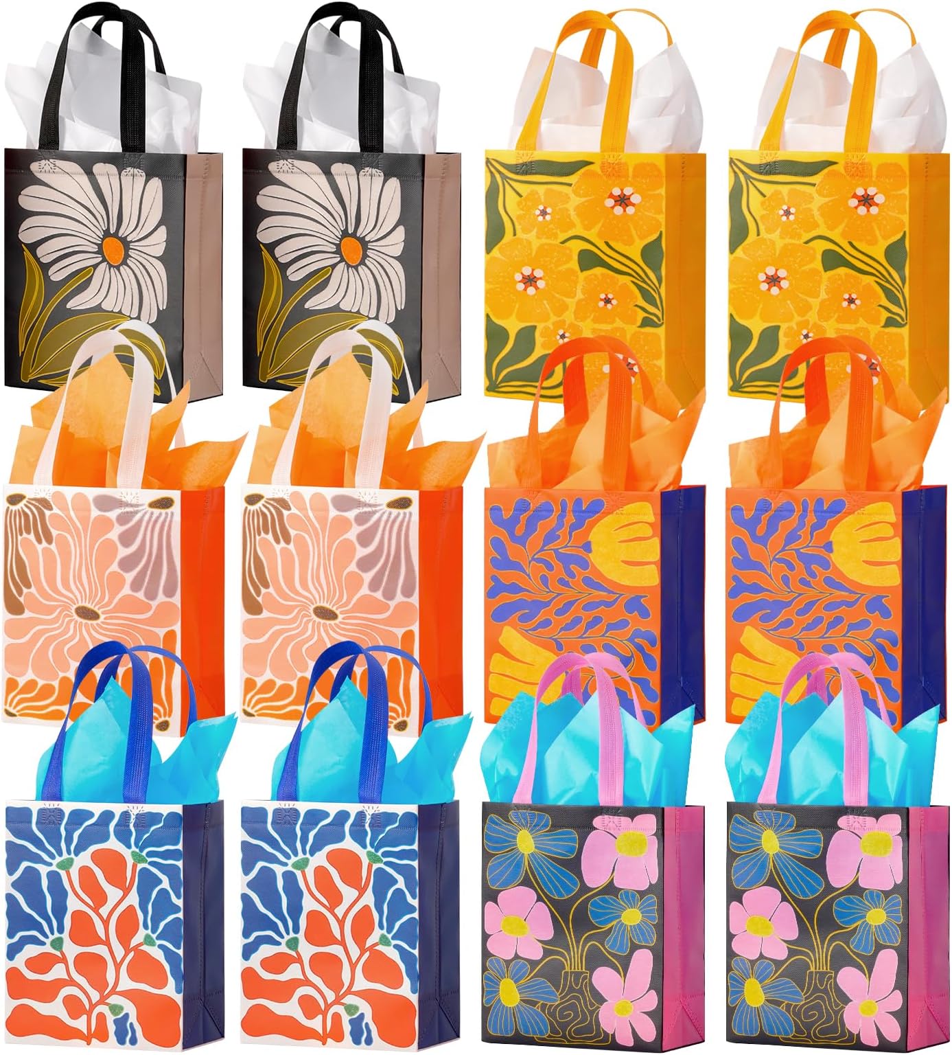 10" Floral Reusable Gift Bags Medium Size with Tissue Paper, 12 Pack Non-Woven Wrap Paper Gift Bags with Handles for Shopping, Mother’s Day, Bridal Showers, Wedding, Baby Shower, 6 Assorted Designs
