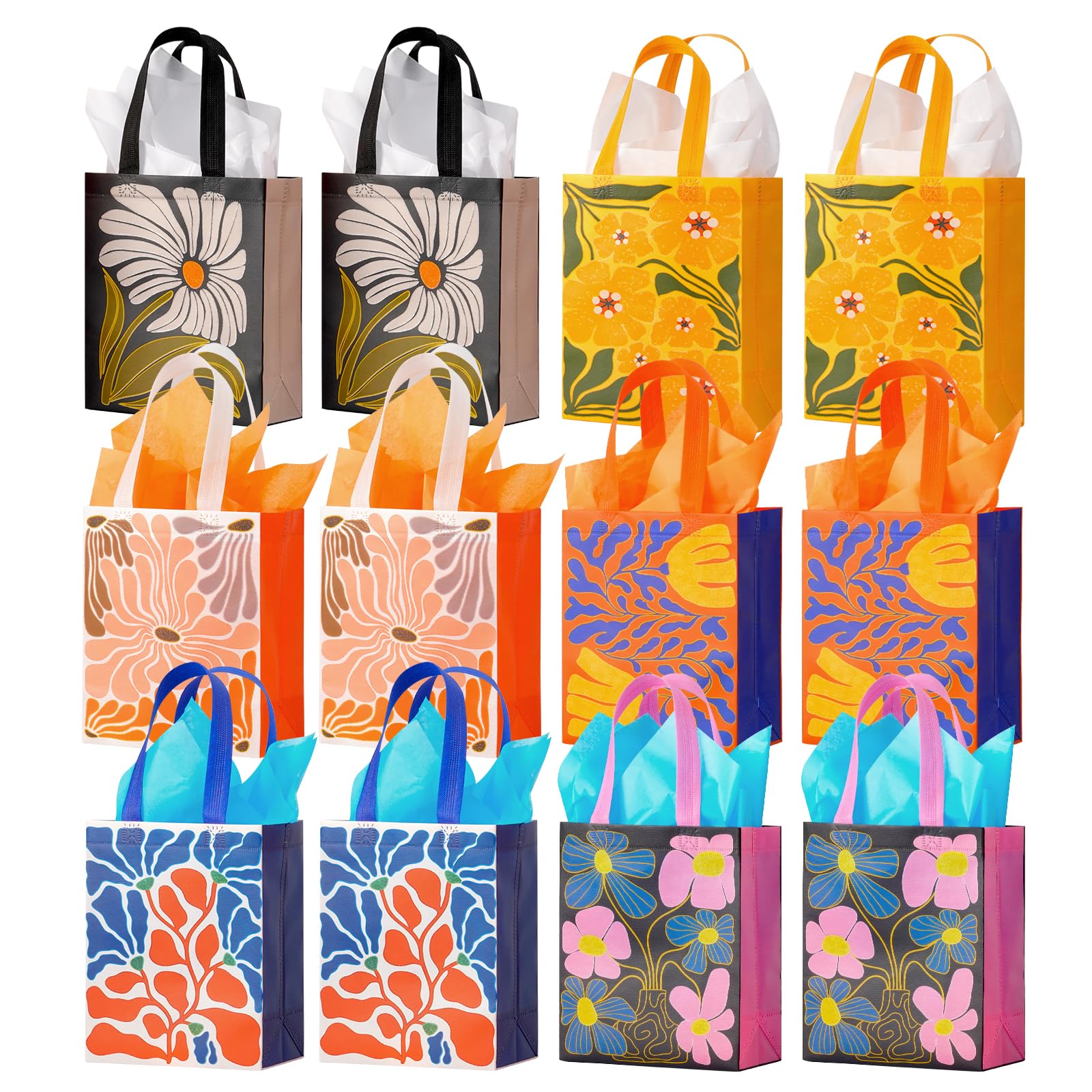 Photo 1 of 10" Floral Reusable Gift Bags Medium Size with Tissue Paper, 12 Pack Non-Woven Wrap Paper Gift Bags with Handles for Shopping, Mother’s Day, Bridal Showers, Wedding, Baby Shower, Bachelorette, Enagement 6 Assorted Designs