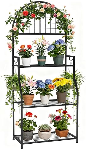 Soporte de plantas de 3 niveles para interiores y exteriores, soporte de exhibición de plantas de metal con estante para múltiples plantas, soporte