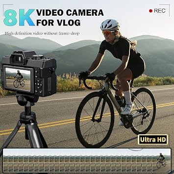 8K Digital Cameras for Photography 64MP - 16X Zoom Autofocus, WiFi, 180 Flip Screen with Wide-Angle & Macro Lens, Vlogging Camera for YouTube Travel with 64GB TF Card, 2 Batteries & Mic (Black)