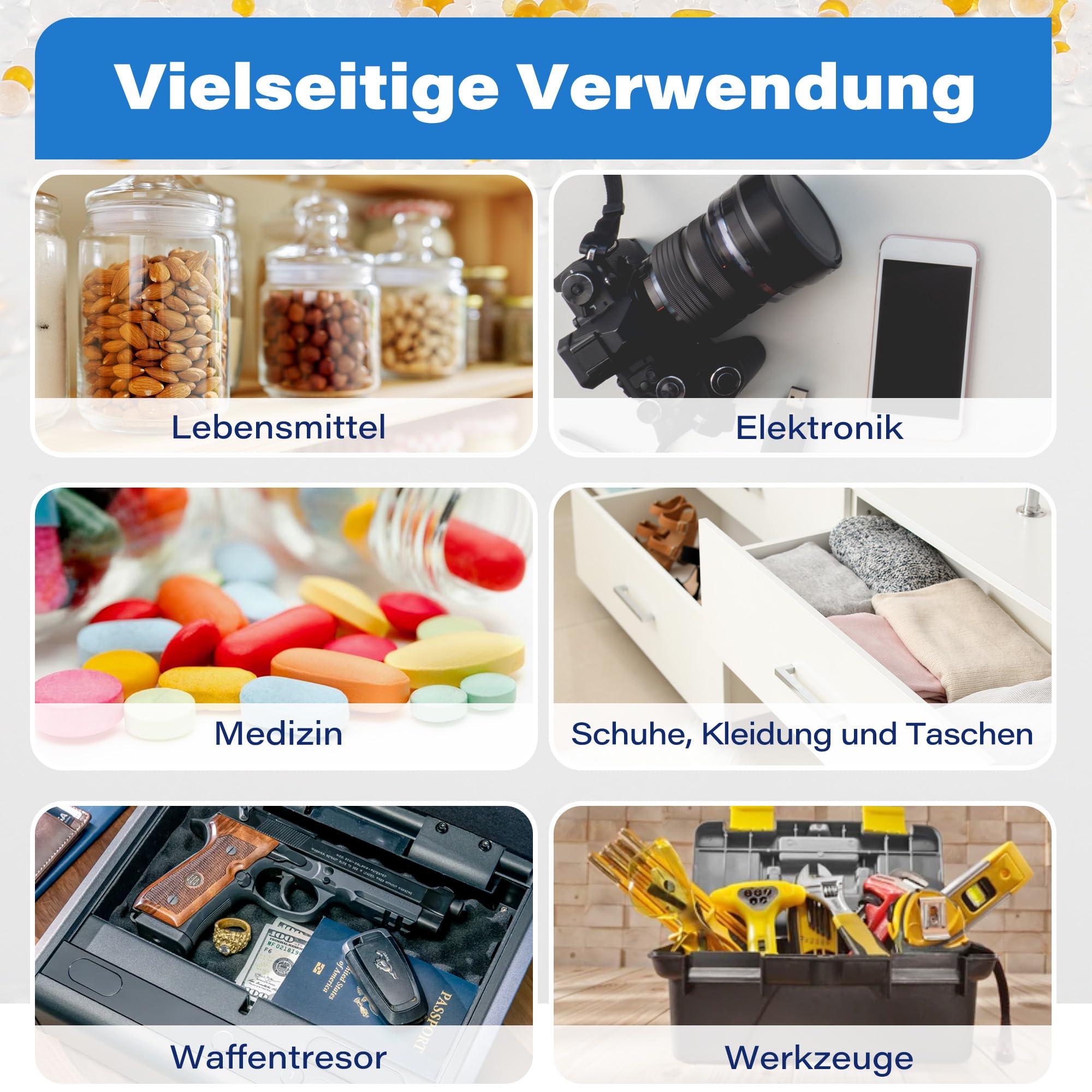 Silica Gel Trockenmittel 50g X 20 Stück – Mit Farbindikator, Lebensmittelecht, Wiederverwendbar – Für Lebensmittel, Elektronik & Co.