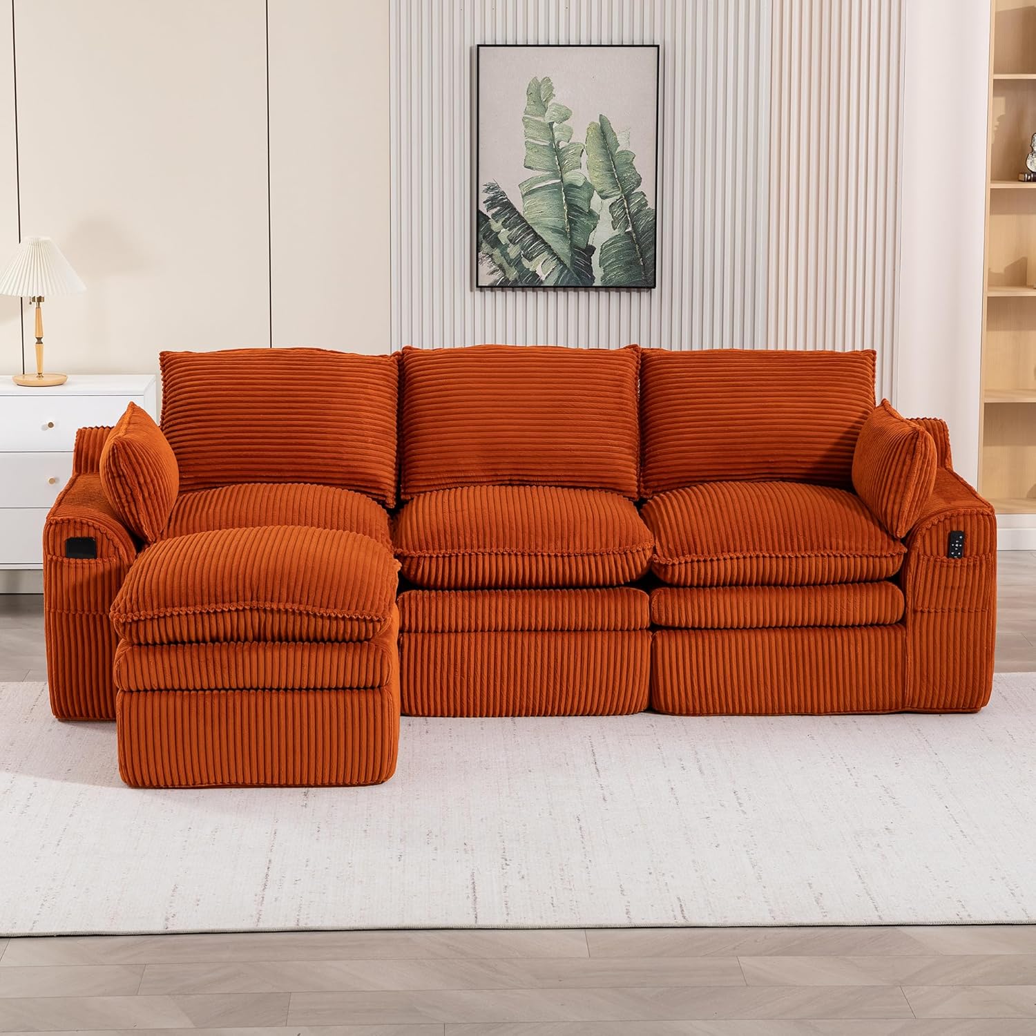 KEIKI 104" Oversized L-Shaped Modular Sectional Sofa Couches for Living Room, Corduroy Boneless Couch with Movable Ottoman, Compressed Cloud Sofa No Assembly Required, Deep Seat Convertible, Orange
