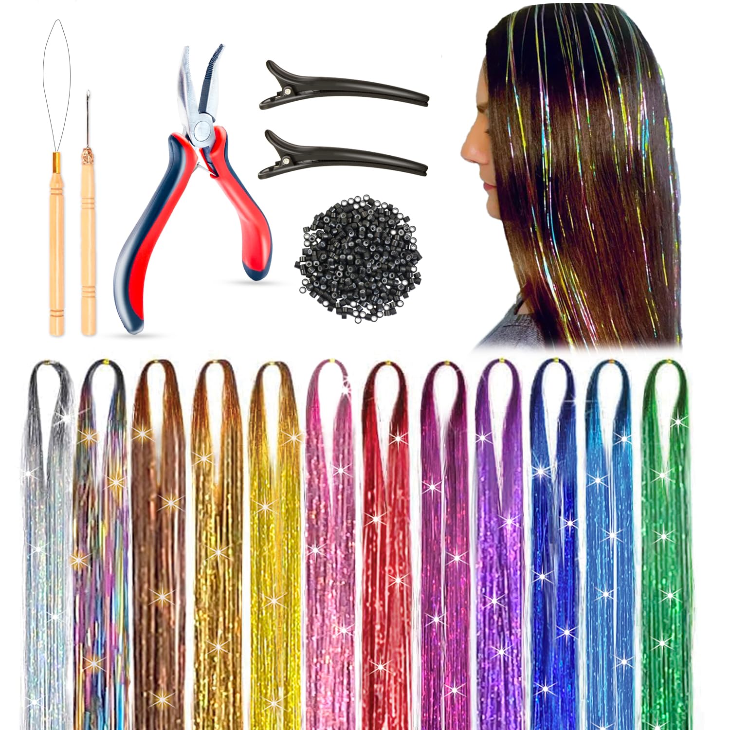 Andou | 14 Colors | Up To 6800 Strands | Heat Resistant Hair Tinsel Kit For Girls, Women & Kids | 48 Inch | One Wooden Threader & Crochet | One Plier | Two Hair Clips | Two Hundred Beads