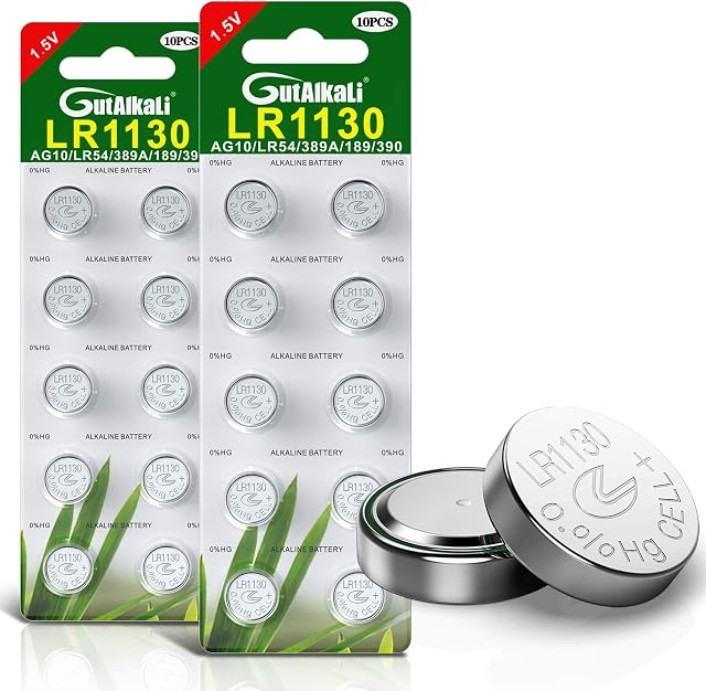 GutAlkaLi LR1130 Battery Pack of 20  1.5V AG10 Batteries for Watches, Hearing Aids, Glucometer, Key Fobs and Small Electronics  Silver Oxide Chemistry Provides Stable Voltage and Long Lifespan
