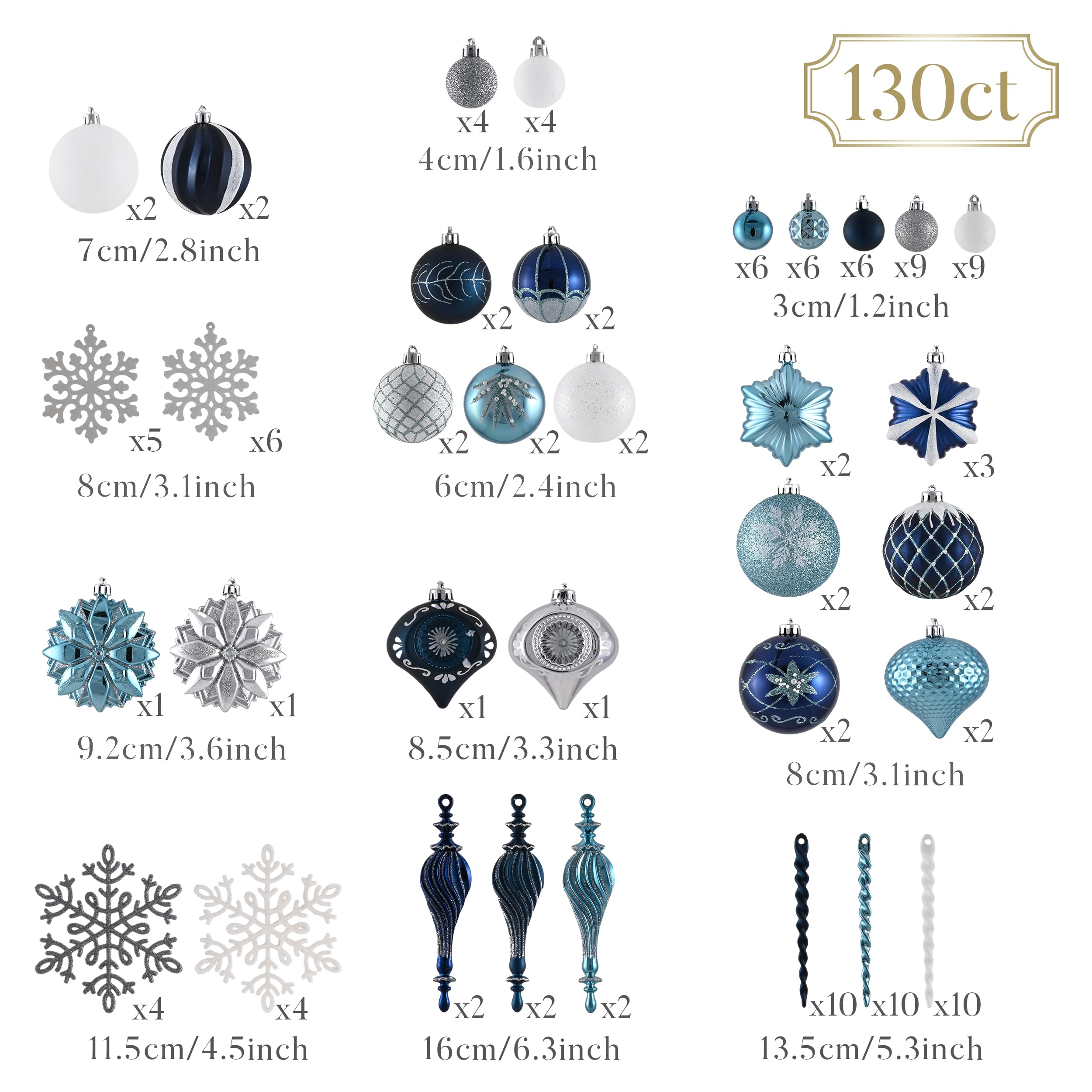 Valery Madelyn Lot de 130 décorations de sapin de Noël à suspendre en plastique incassable pour intérieur et extérieur – Pendentifs saisonniers pour fête de Noël, couronne, guirlande (bleu et argenté)