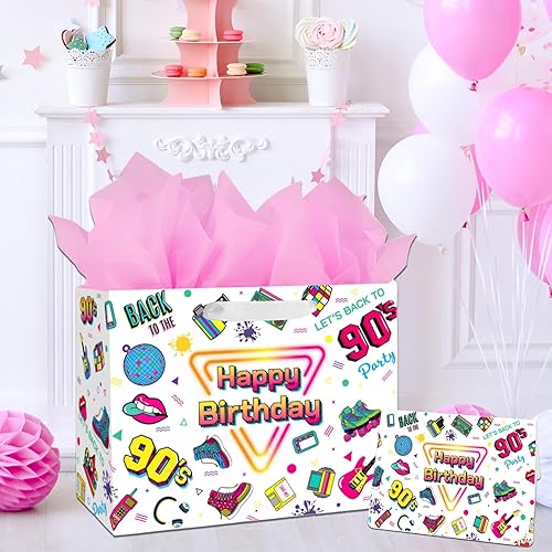 Miniatura 5 de BATYONGOGA Bolsa grande de regalo de cumpleaños de los 90 de 13 pulgadas con asas, tarjeta de felicitación y papeles de seda, color negro, temática