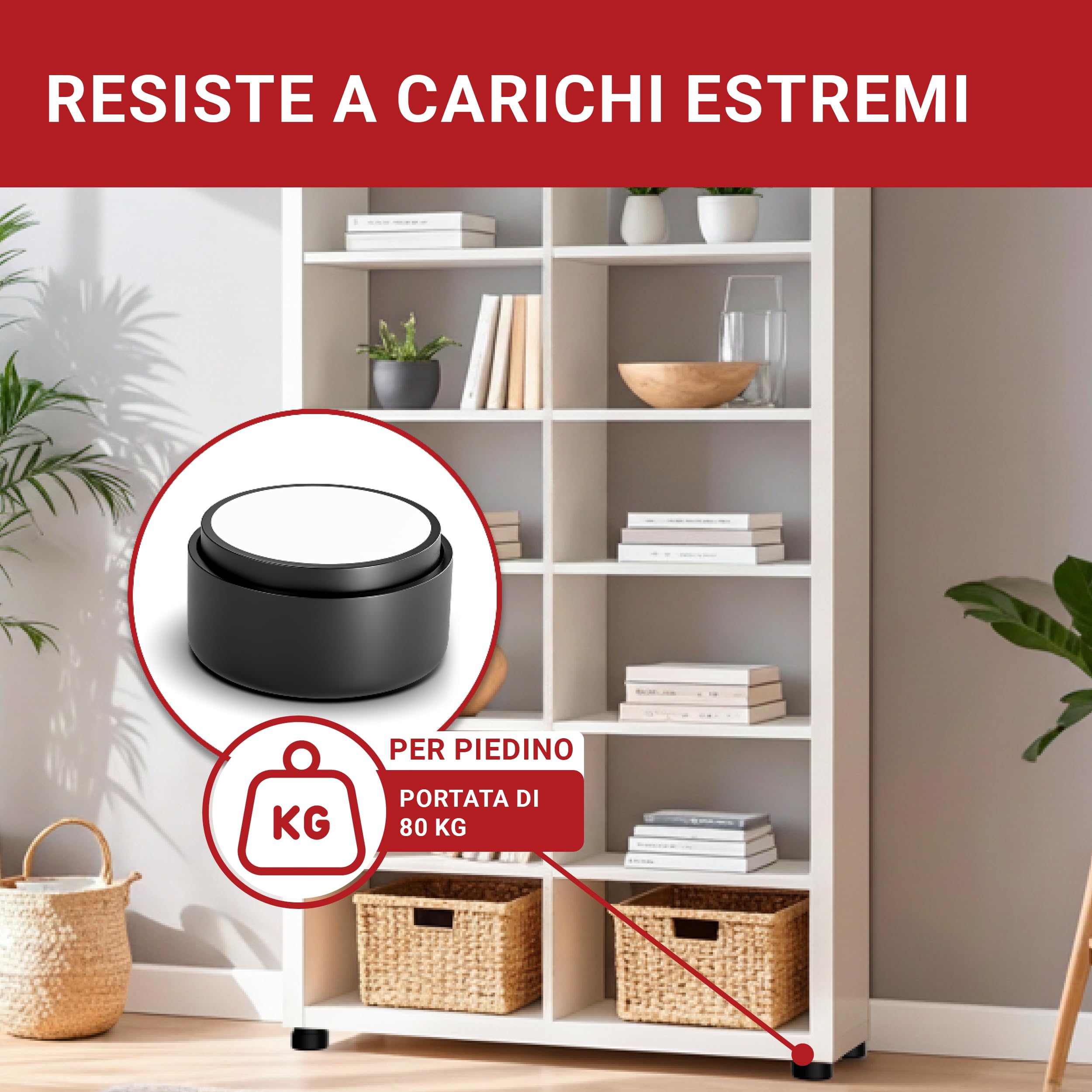 LouMaxx Piedini per Mobili Adesivi Regolabili Ø 53,5 mm – Piedini Mobili Neri Altezza Regolabile – Rialzi per Mobili con Materiale di Montaggio – Set da 4