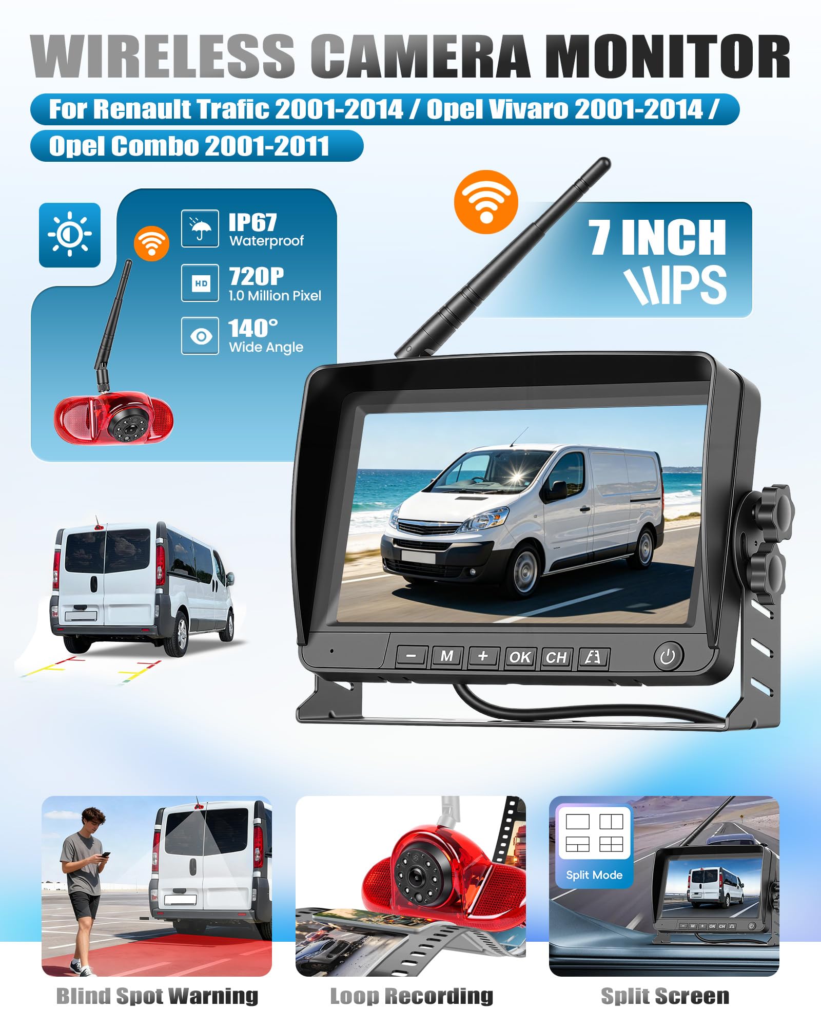 CAMECHO Visión Nocturna Camera de recul sans Fil pour Renault Trafic 2001-2014/Opel Combo 2001-2011/Opel Vivaro 2001-2014 avec 7" HD IPS Écran Moniteur, Camera Voiture aevc IP68 DVR BSD 140°