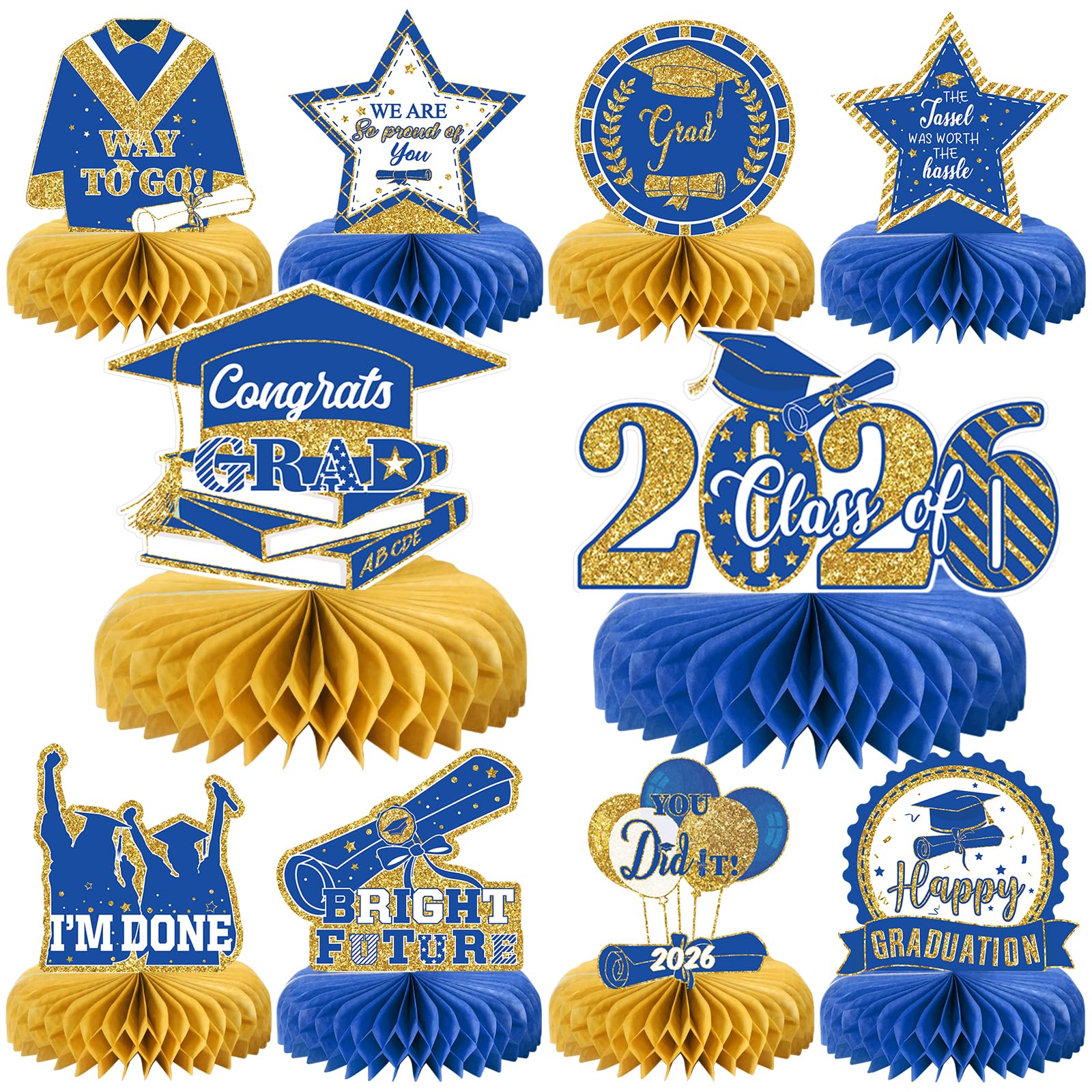 Photo 1 of 10PCS Graduation Party Decorations Class of 2026 Congrats Grad Table Centerpieces Congratulate Graduation Honeycomb Table Toppers for Graduation Party Supplies(Blue Gold)