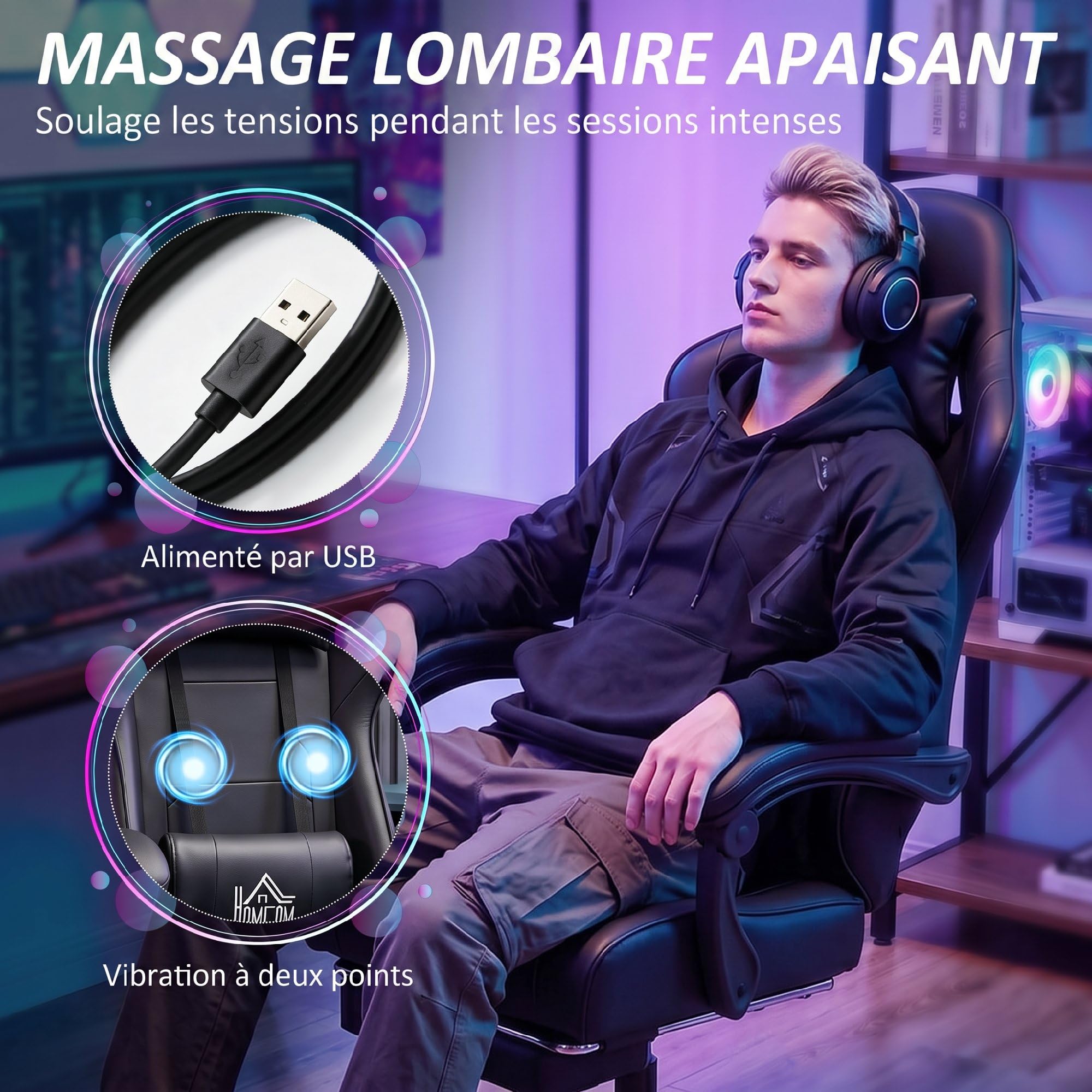 HOMCOM Silla Gaming Ergonómica Sillón Gamer 63 x 66 x 126-134 cm, Negro | Soporte para lumbar, respaldo reclinable, altura ajustable, reposapiés, reposacabezas, muebles de oficina