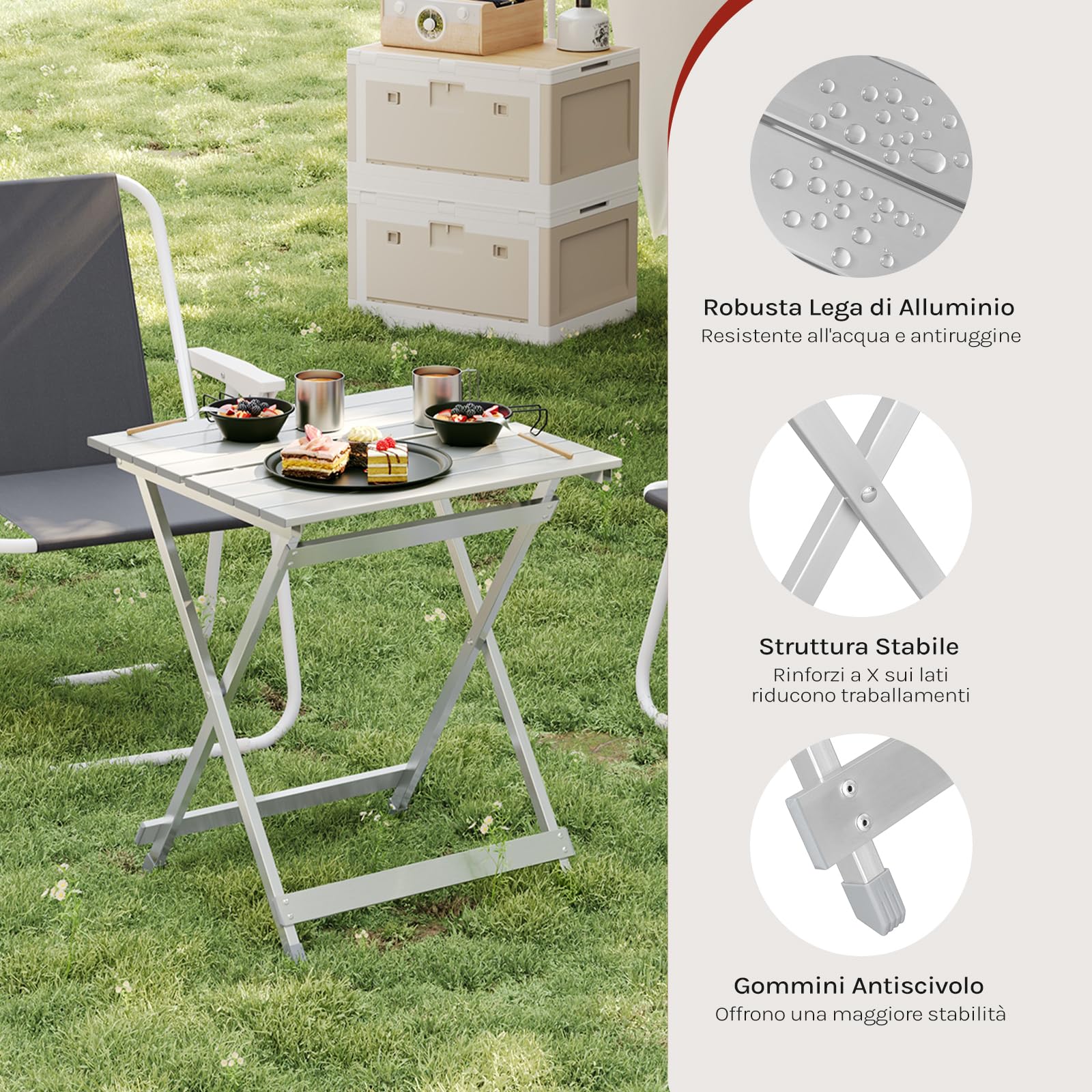 WOLTU Tavolo Campeggio in Alluminio Tavolino Pieghevole Tavolo da Giardino Piccolo da Balcone, Picnic, Spiaggia, 50.5x47x59.5cm, Argento