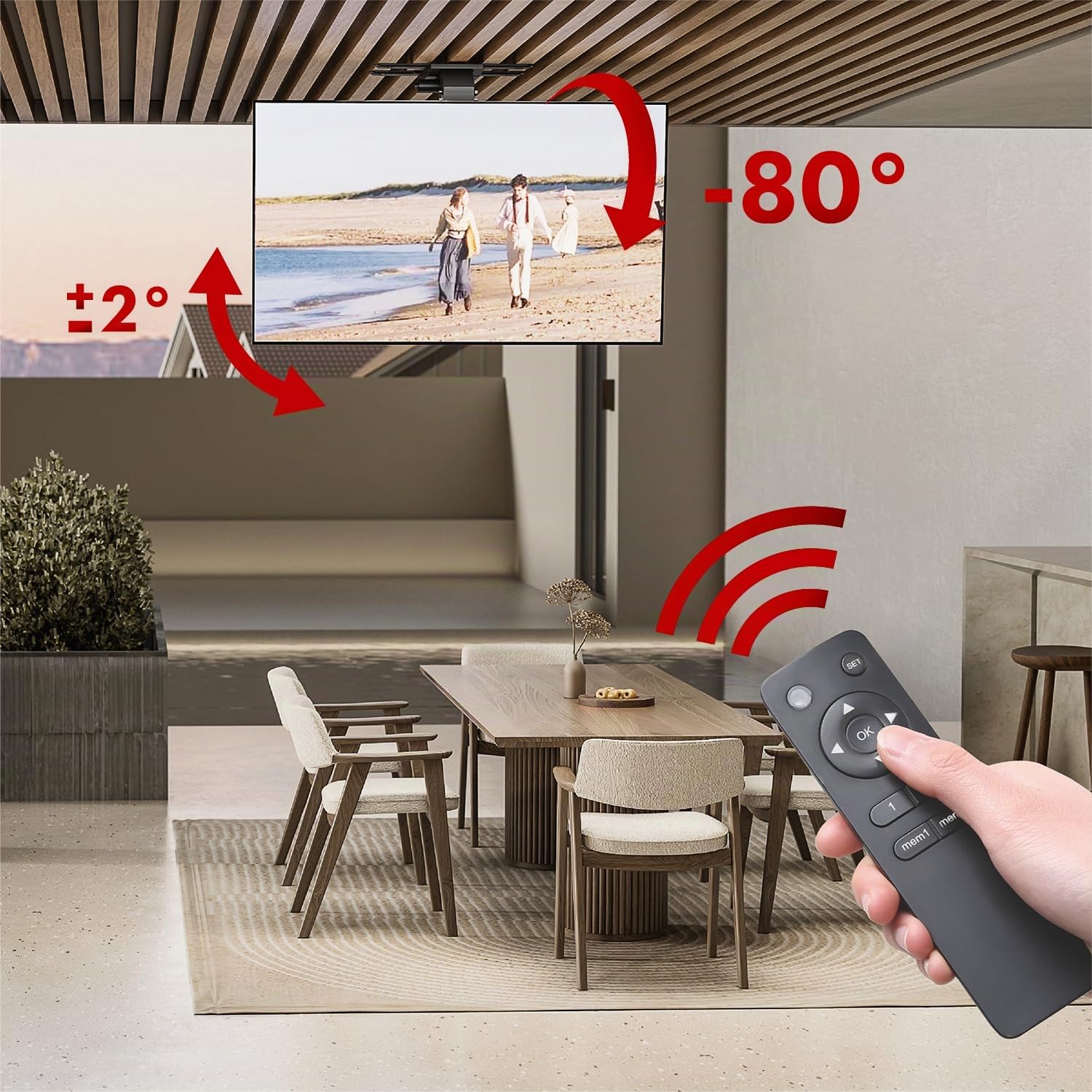 Supporto soffitto elettrico Maclean MC‑110 T TV 43-86″ fino a 45 kg VESA 800×400 inclinazione –80° motorizzazione Tuya telecomando sistema anti collisione nero