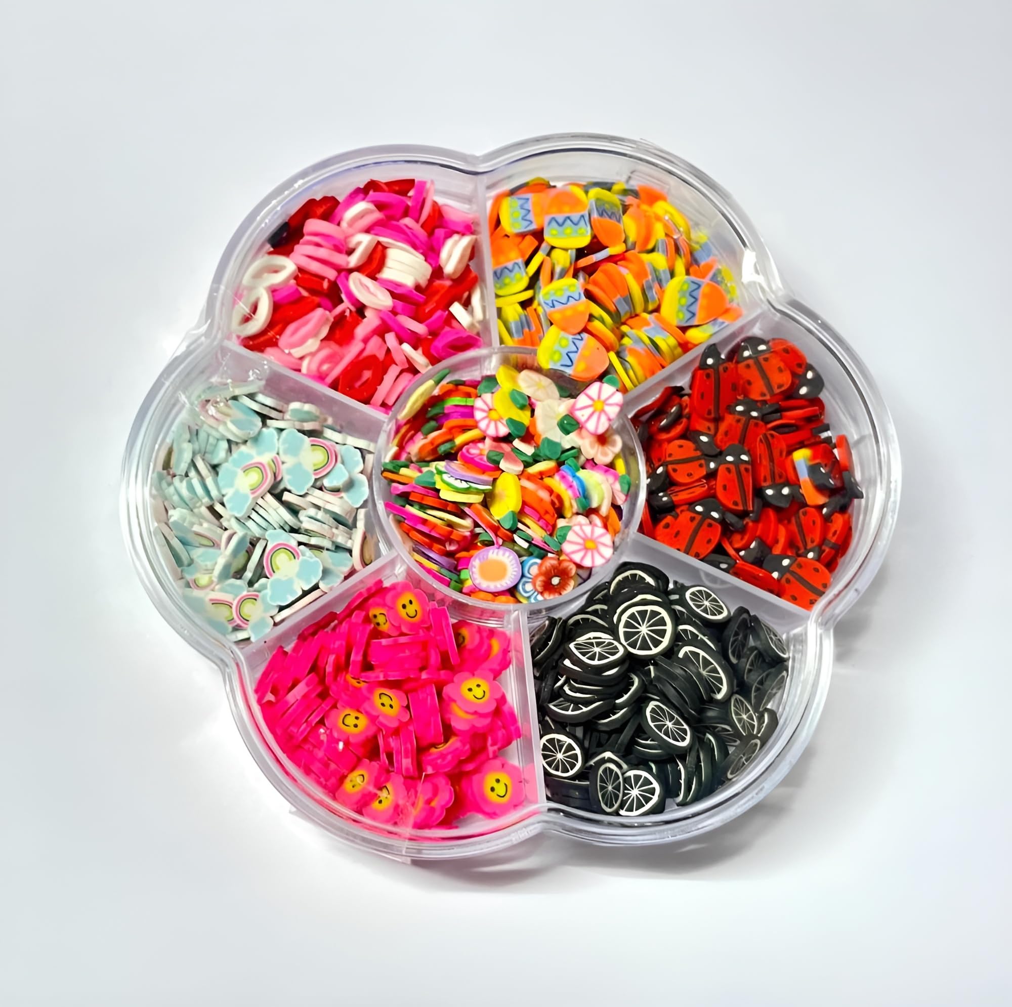 NEXTSTEP1 Multicolour Flakes Fruits, Kisses,Rainbow,Bug,Smily Flowers, Mix Flowers for Jewellery Making, Embroidery, Resin Art, Craft DIY Kit, 7 Varieties in Case-image-2