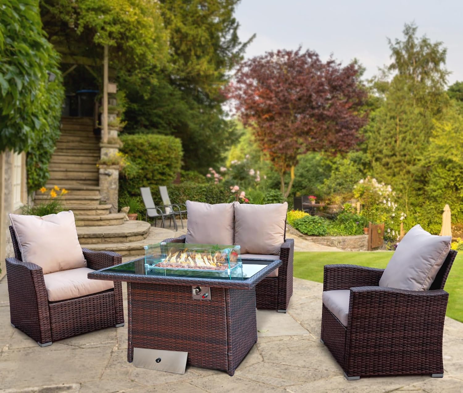4 Seater Rattan Garden Furniture Set with Firepit Table – Outdoor Patio furniture – Conservatory Sofa sets – RAIN COVER INCLUDED (Dark Brown, 4 Seater with Fire Pit Table)