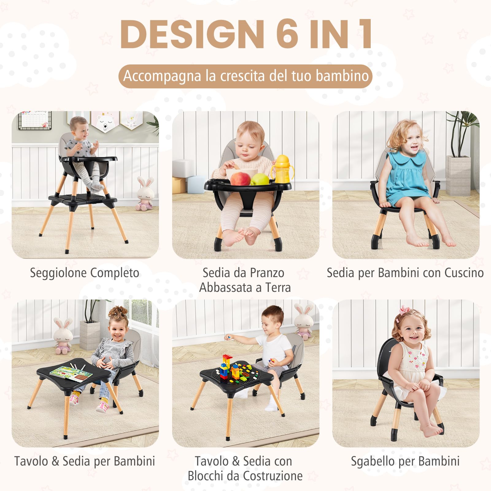 RELAX4LIFE 4 in 1 Seggiolone Pappa, Seggiolone Evolutivo con Vassoio Rimovibile e Cintura di Sicurezza, Altezza Regolabile in 4 Posizioni, per Bambini e Neonati 6-36 Mesi (Standard, Grigio Scuro)