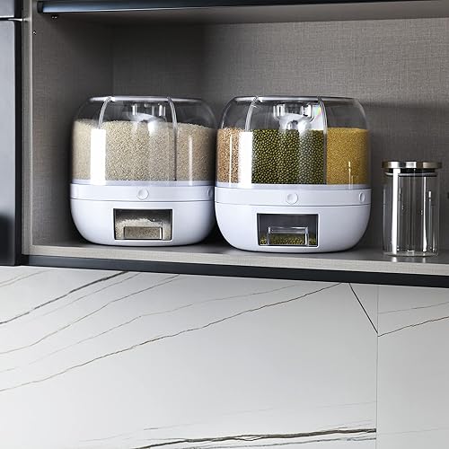 Miniatura 4 de Dispensador de alimentos secos giratorio de 360°, blanco, 6 rejillas, dispensador redondo de cereales de 22 libras, 12 x 10 x 10 pulgadas,