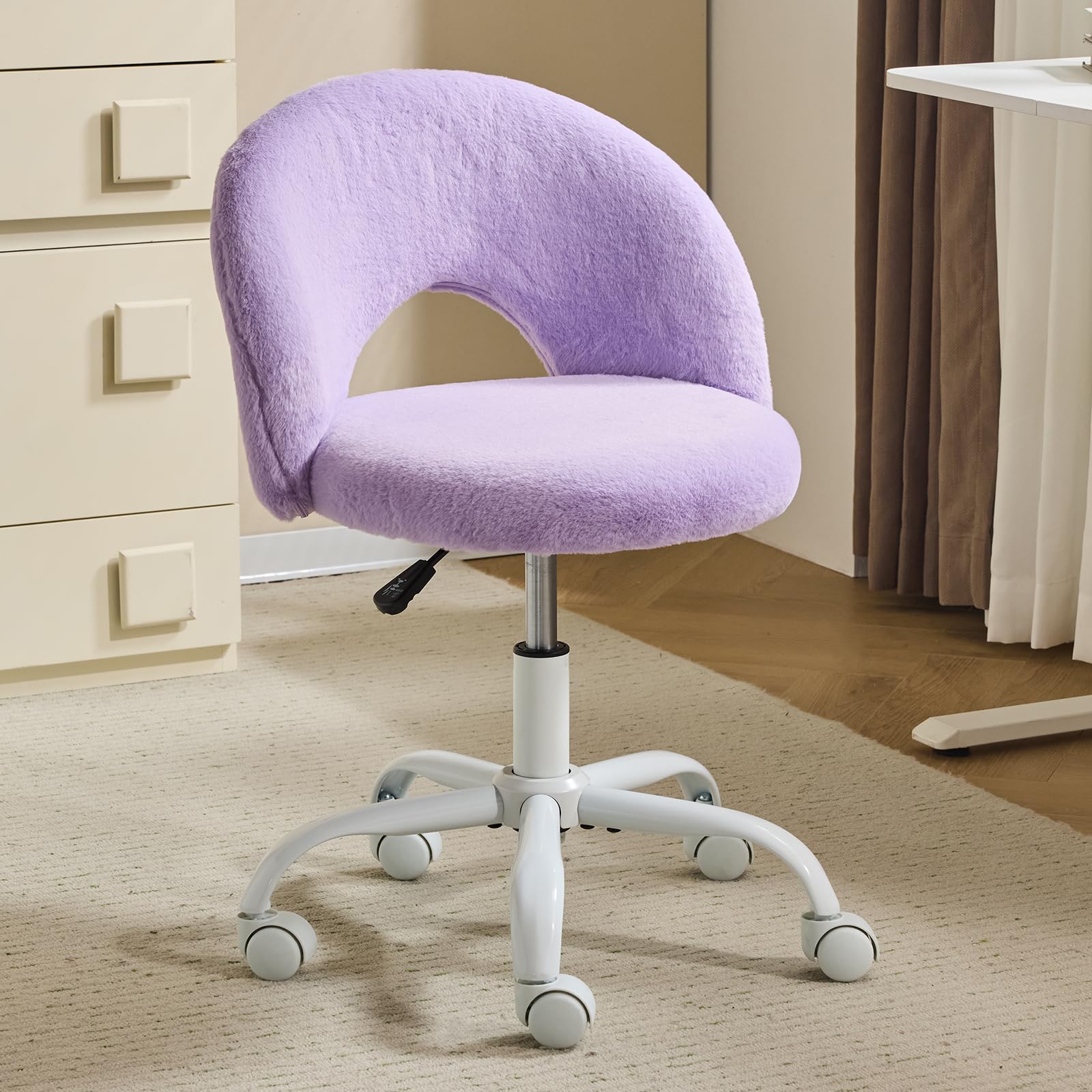 Bonnlo Comfy Vanity Chair with Wheels Small Office Chair Modern Swivel Dressing Table With Adjustable Height for Home Office, Bedroom, Dressing Room, Faux Fur, Purple
