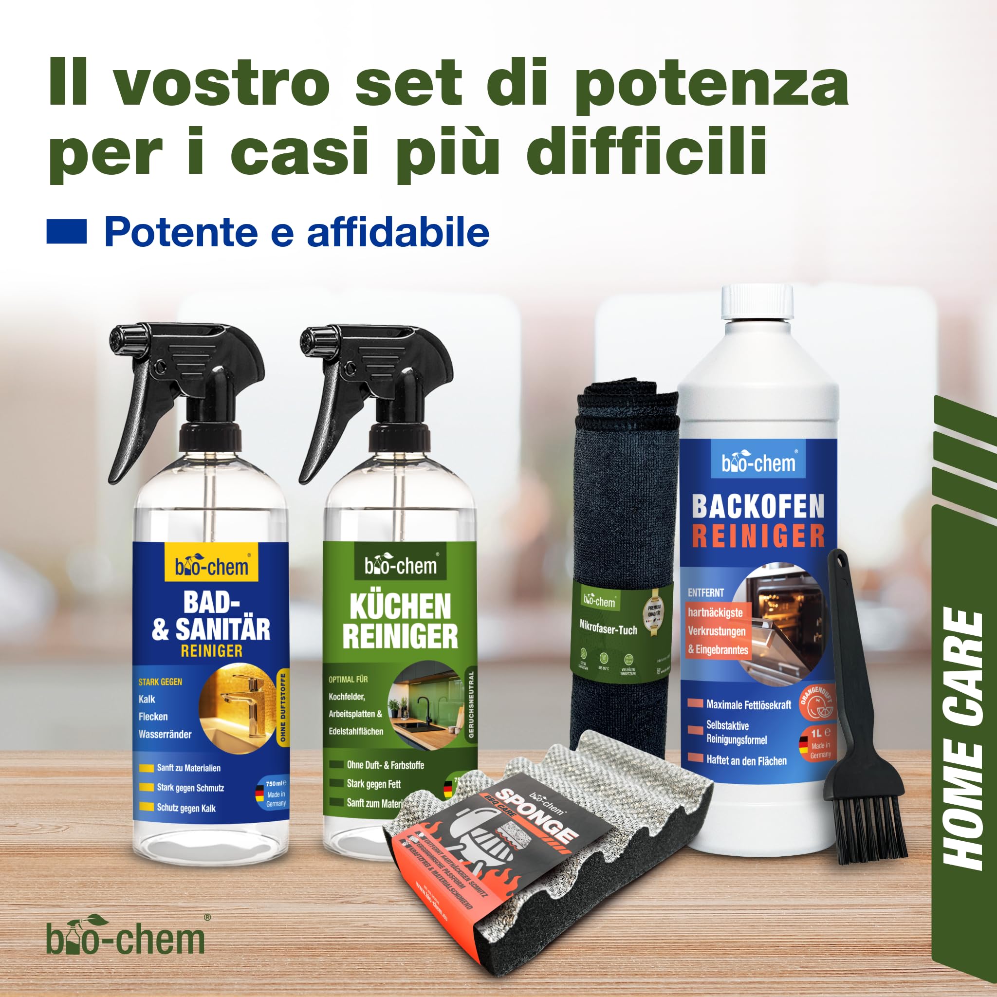 bio-chem Set di 6 prodotti per la pulizia della cucina e del forno | Detergente per forni, padelle e pentole - Prodotti per le superfici della cucina - Panno in microfibra e spugna inclusi